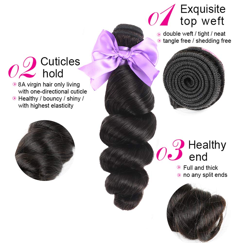 8A Brazilian Virgin Human Hair Loose Wave Bundles with 4x4 Lace Closure - 100% Unprocessed Human Hair Extensions (28+28+28+20) for Natural Volume & Styling | Perfect for Weaves, Ponytails & Everyday Hairstyles