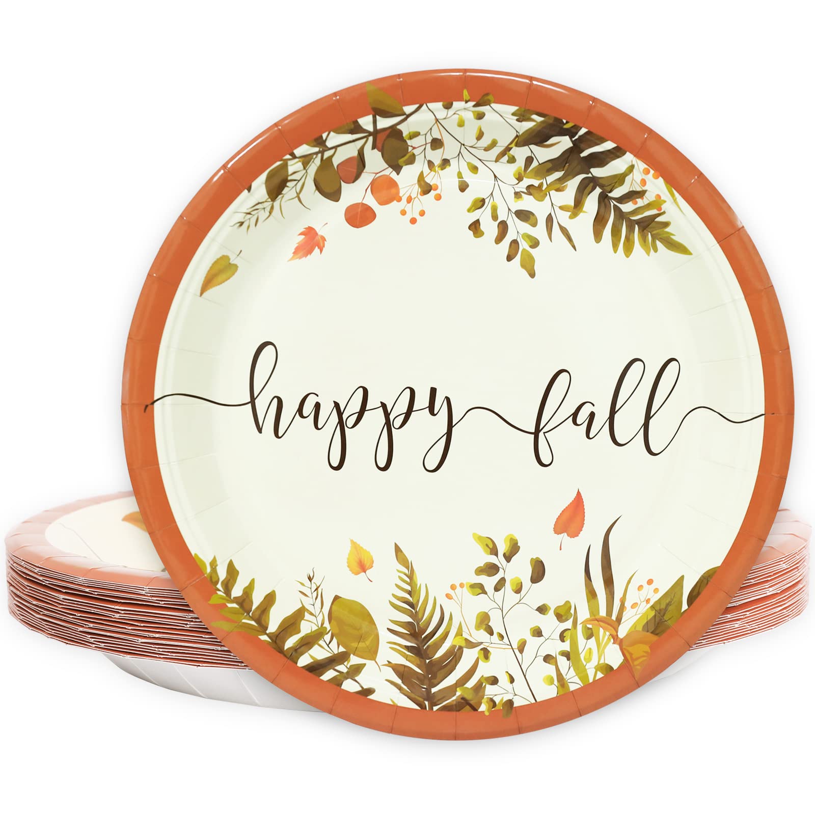 24Pcs Thanksgiving Happy Fall Paper Plates 9 Inch - Autumn Leaves Disposable Plates for Holiday, Wedding, Birthday Party Dinner - Fall Harvest Theme Tableware Supplies for Thanksgiving, Halloween, Christmas Decorations