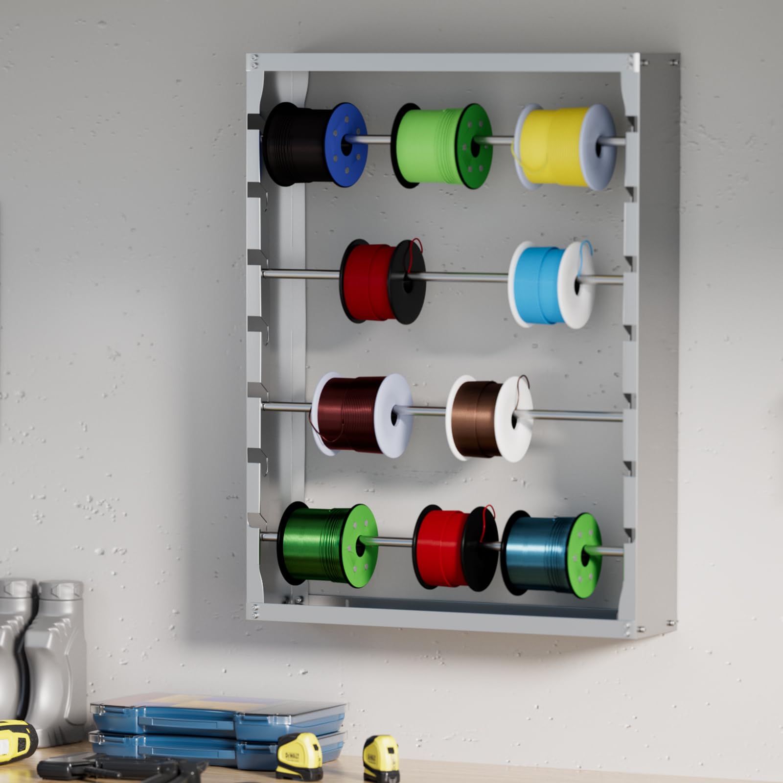 Wall Mounted Wire Spool Rack - 4 Adjustable Cold-Rolled Steel Rods Cable Organizer for Electrical Tools, Ribbon Storage & Industrial Use | Perfect for Workshop, Garage & Retail Store Organization (Gray)