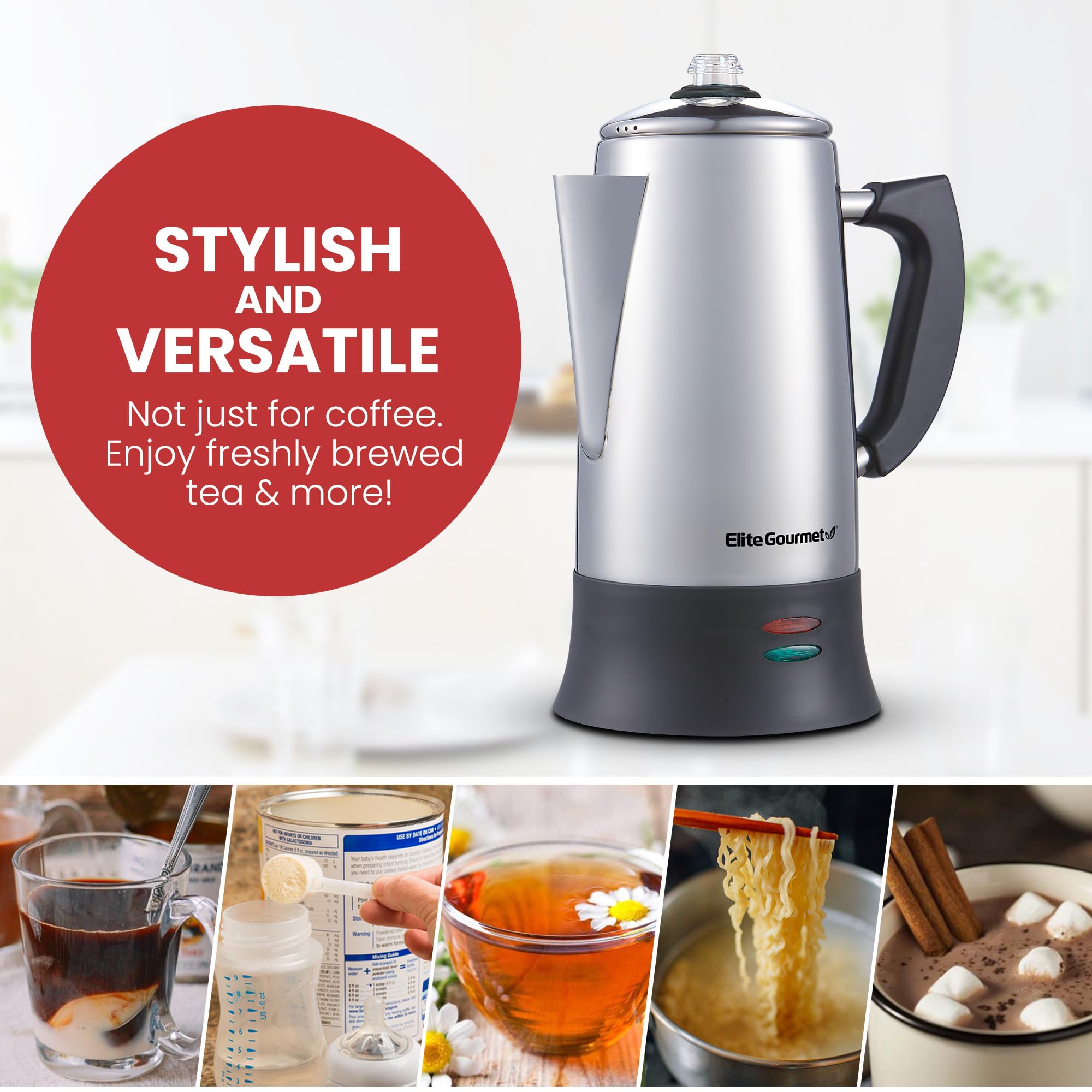 Elite Gourmet EC923 12-Cup Stainless Steel Electric Coffee Percolator - BPA Free, Keep Warm Function, Clear Brew Progress Indicator, Cool-Touch Handle & Cordless Serving - Perfect for Home, Office or Camping Coffee Brewing
