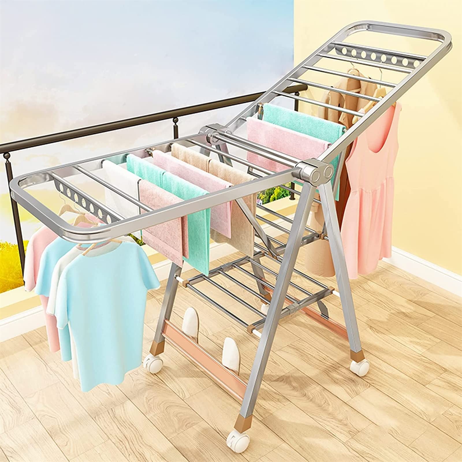 Stainless Steel Folding Laundry Drying Rack with 4 Wheels - Space Saving Collapsible Clothes Hanger for Indoor/Outdoor Use - Perfect for Apartments, Dorms & Small Spaces (Silver)