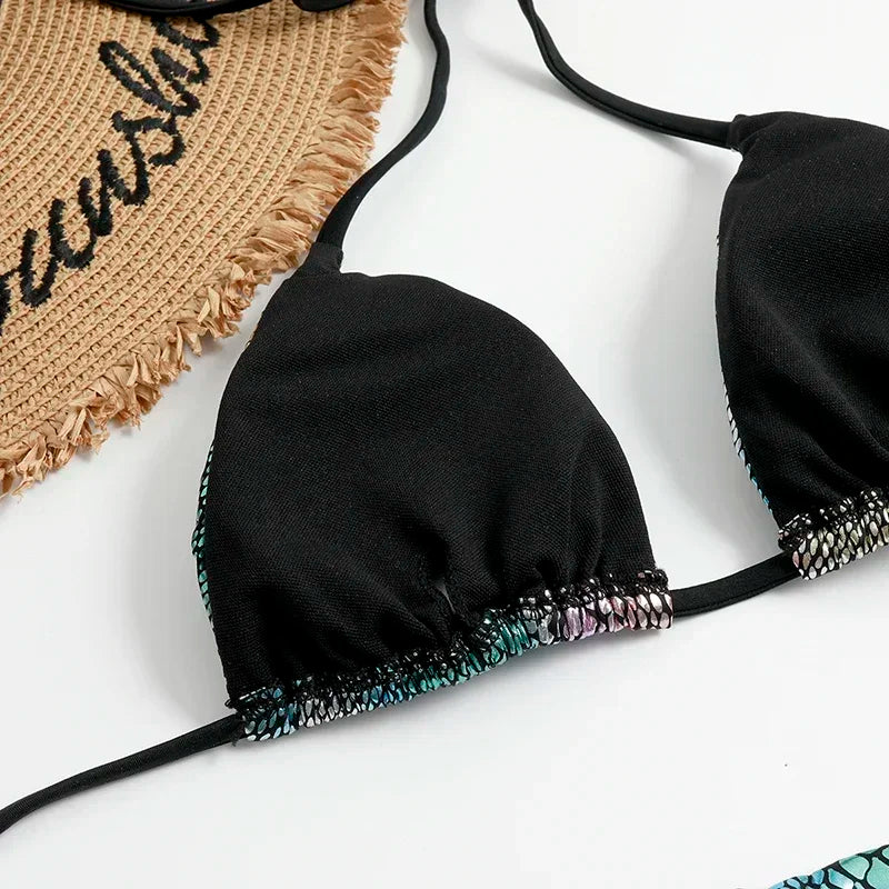 Shiny Fish Scale Halter Triangle Bikini Set - Women's Micro Thong Swimwear, Sexy Swimsuits for Beach & Pool Party | Biquinis Mujer for Summer Vacation & Tropical Getaways