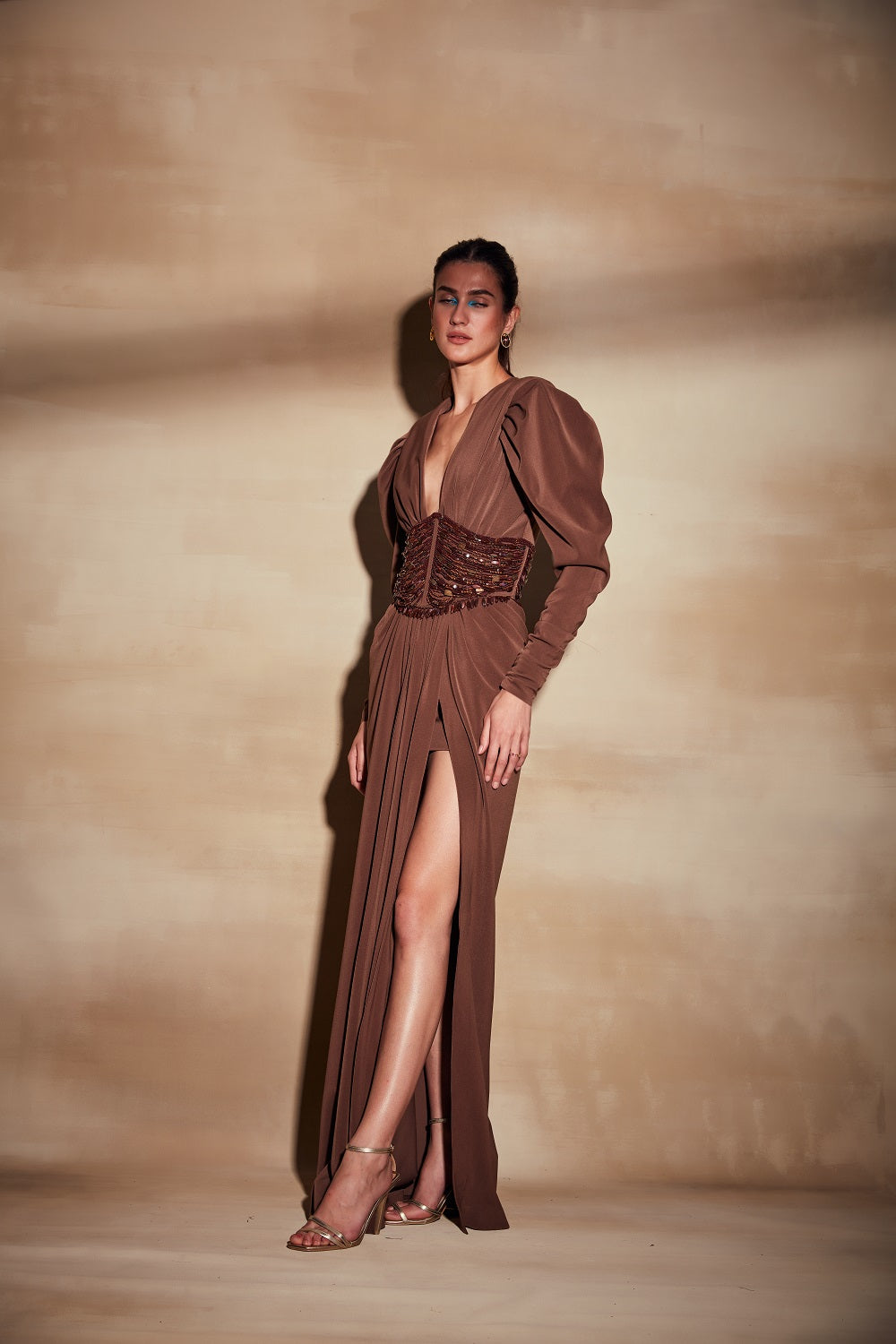 Elegant Dark Tan Dress with High Slit - Perfect for Evening Parties, Date Nights & Special Occasions