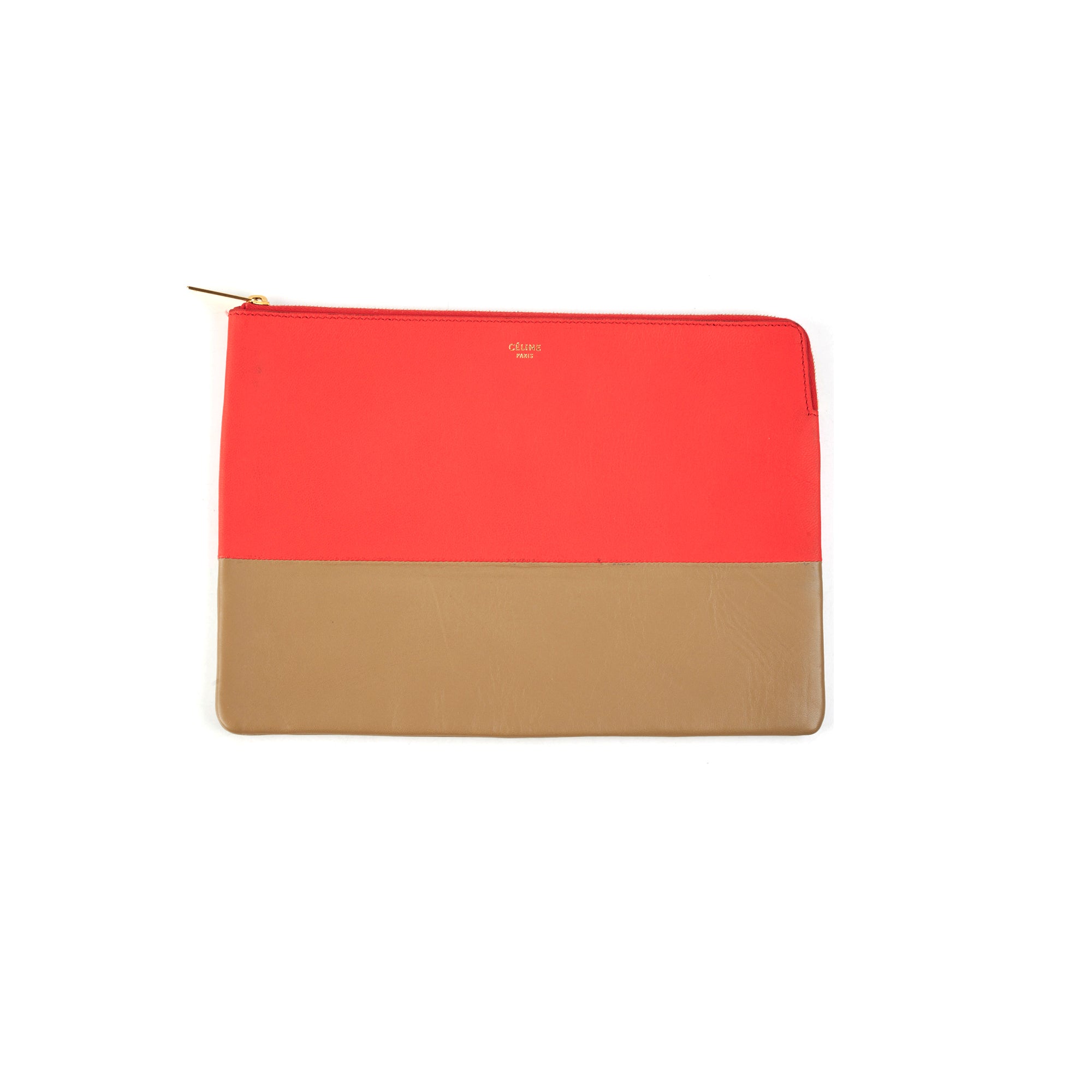 Celine Leather Pouch Handbag in Red/Taupe - Stylish Crossbody Bag for Women, Perfect for Work, Travel & Evening Out