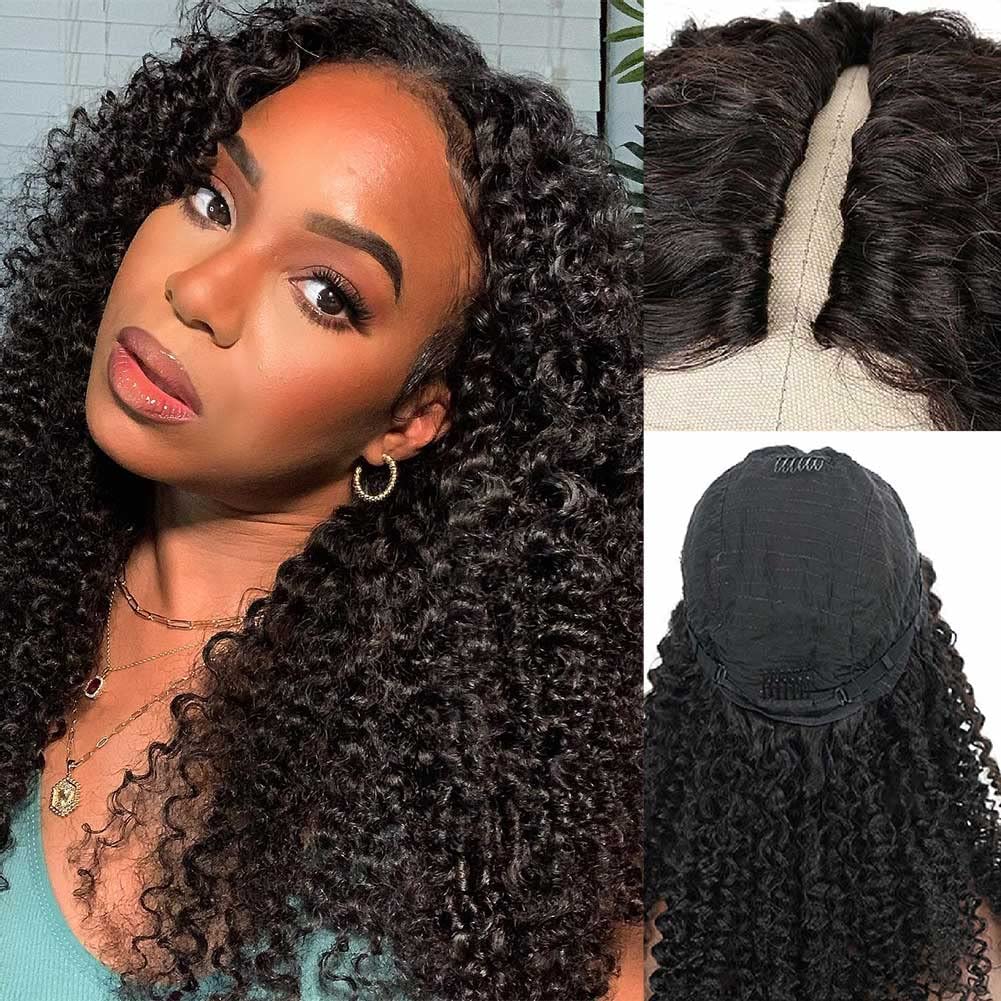 Domiso 30 Inch V Part Human Hair Wig for Black Women - 100% Virgin Kinky Curly Glueless U Part Wig | 180% Density Natural Color | No Glue Minimal Leave Out Wear & Go | Perfect for Daily Wear, Parties & Protective Styling