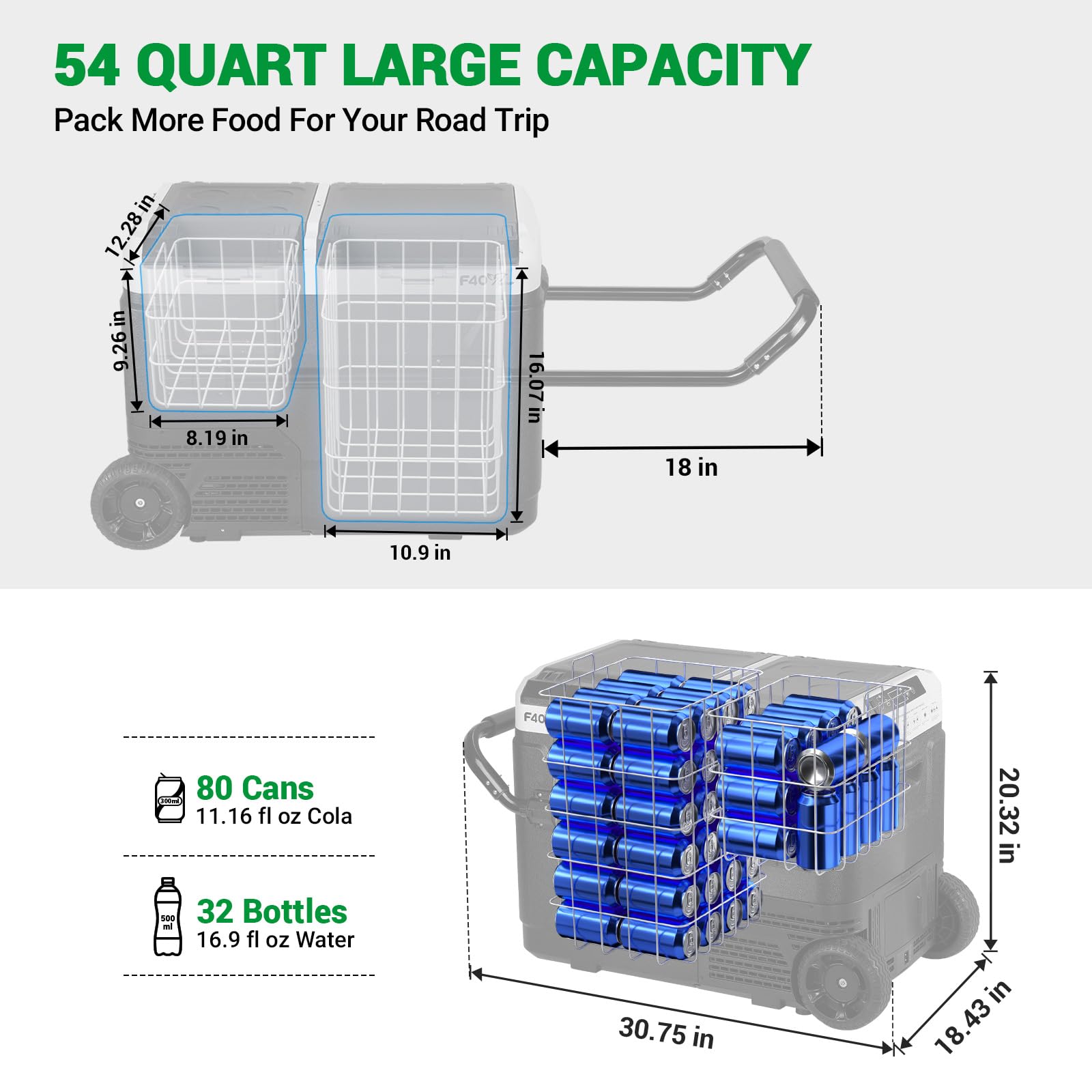 12V Portable Refrigerator 54QT Dual Zone Car Freezer - Independent Temperature Control (-4°F to 68°F), 51L Compressor Cooler with Wheels & Baskets for Camping, RV, Road Trips | 12/24V DC & 100-240V AC Power | Perfect for Outdoor Adventures, Tailgating & Long Drives