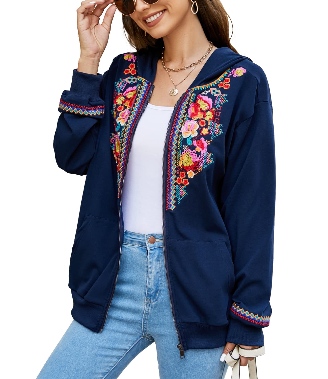 AK Women's Full Zip Long Sleeve Embroidered Sweatshirt - Floral Boho Mexican Hoodie Jacket for Fall & Winter | Cozy Outerwear for Casual Wear, Street Style & Layering