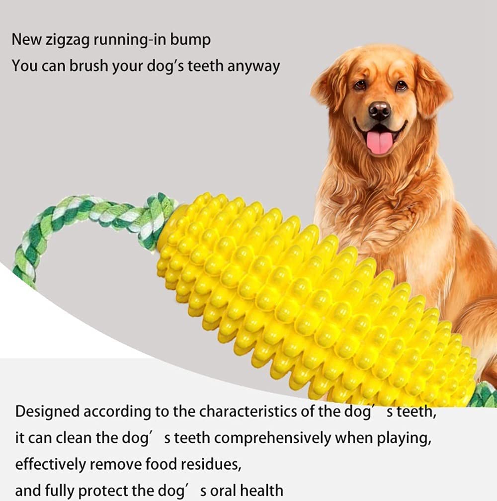 Durable Dog Chew Toys for Aggressive Chewers - Corn Shaped Interactive Puzzle Toy with Rope & Toothbrush for Teeth Cleaning - Treat Dispenser for Large, Medium & Small Dogs - Perfect for Playtime, Training & Dental Care (Yellow)
