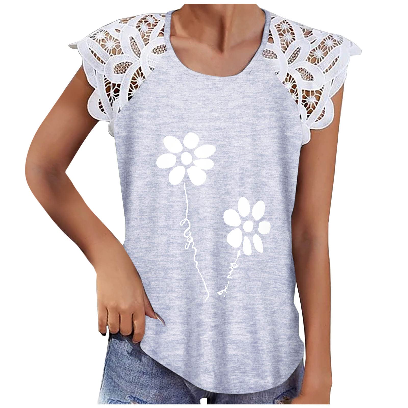 Women's Summer Lace Patchwork Short Sleeve T-Shirt - Trendy Casual Blouse with Floral Print, Comfortable Tunic Top for Beach, Party & Everyday Wear