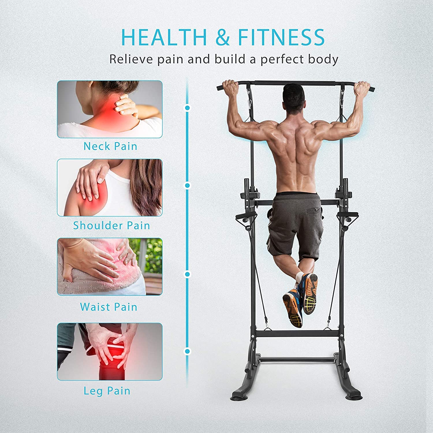 VIVOHOME Adjustable Power Tower for Home Gym - Multi-Function Pull Up Bar, Dip Station & Backrest - 330LBS Capacity Strength Training Equipment for Full Body Workout | Perfect for Small Spaces & Home Fitness Enthusiasts