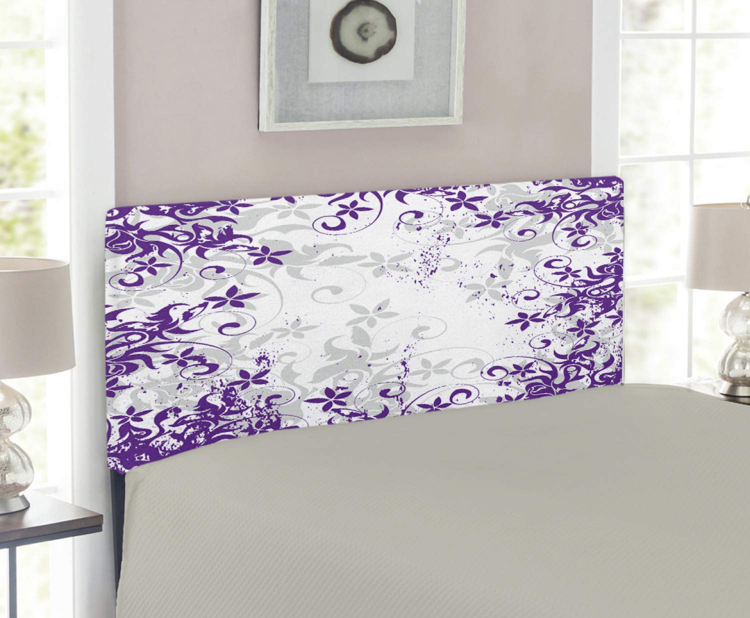 Lunarable Twin Size Upholstered Headboard - Purple & White Floral Blooms Grunge Violets Bouquet Design with Memory Foam | Decorative Metal Bed Frame Headboard in Violet Paintbrush Effects | Perfect for Bedroom Decor, Guest Rooms & Cozy Home Styling