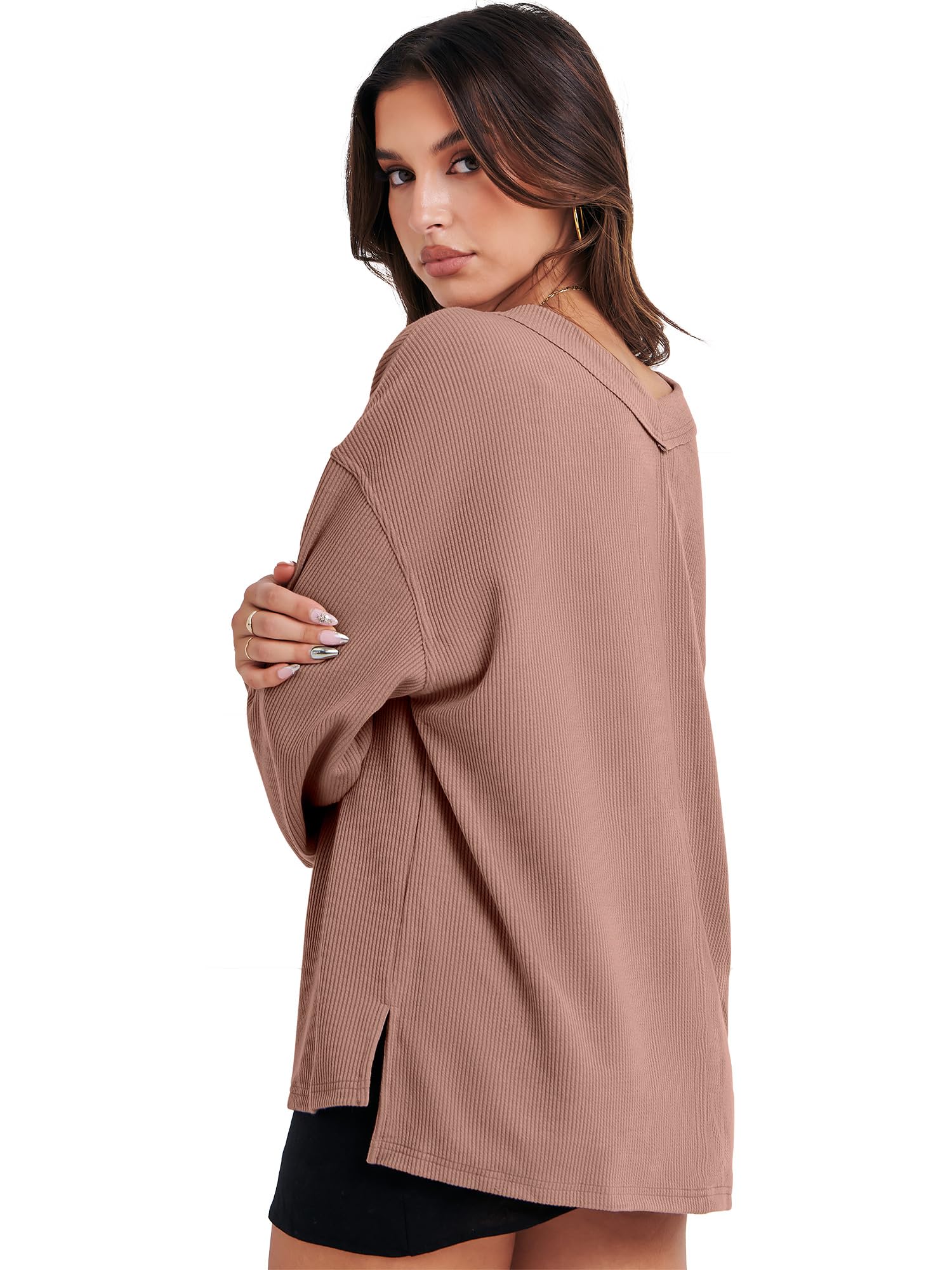 Caracilia Women's Oversized Off Shoulder Long Sleeve Waffle Knit Sweater - V Neck Pullover Top for Fall 2024 | Casual Outfit, Date Night, Autumn Layering