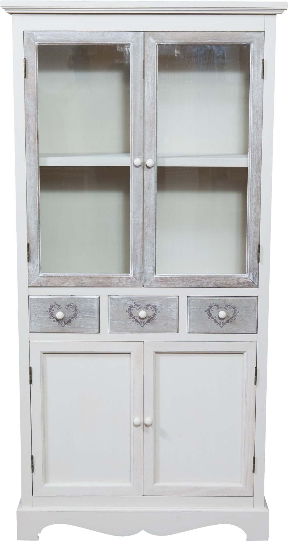 Vintage Shabby Chic Paulownia Wood Display Case - White & Grey Distressed Finish, 84W x 32D x 170.5H cm - Perfect for Home Decor, Antique Collectibles & Retail Store Displays