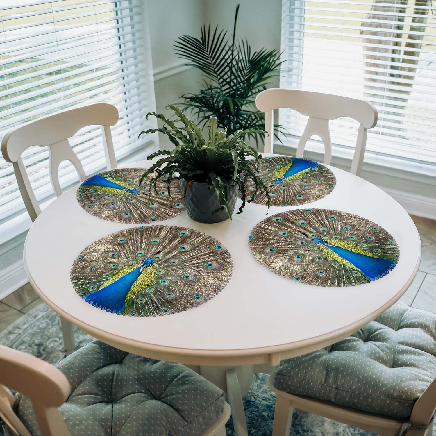 Round Heat-Resistant Washable Polyester Placemats Set of 4 - Peacock Design for Kitchen & Dining Table Decor | Perfect for Everyday Meals, Dinner Parties, and Holiday Gatherings