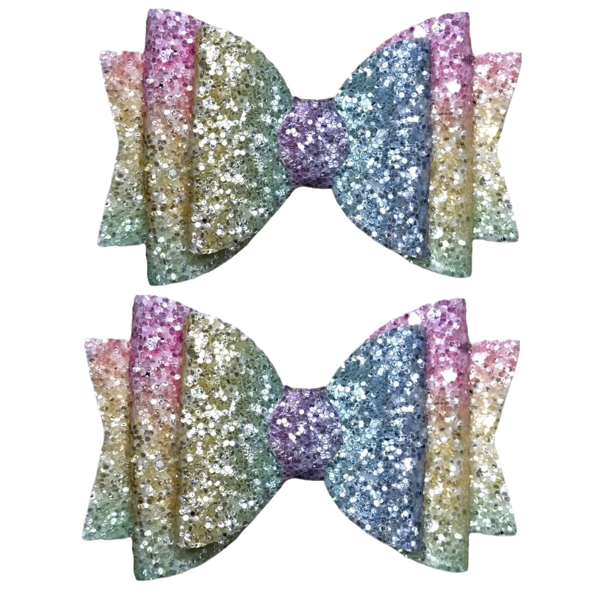 Pastel Rainbow Glitter Hair Clips for Women & Girls - Handmade 3.5 Inch Hair Bows (2 Pack) - Perfect for Parties, Weddings & Everyday Fashion Accessories
