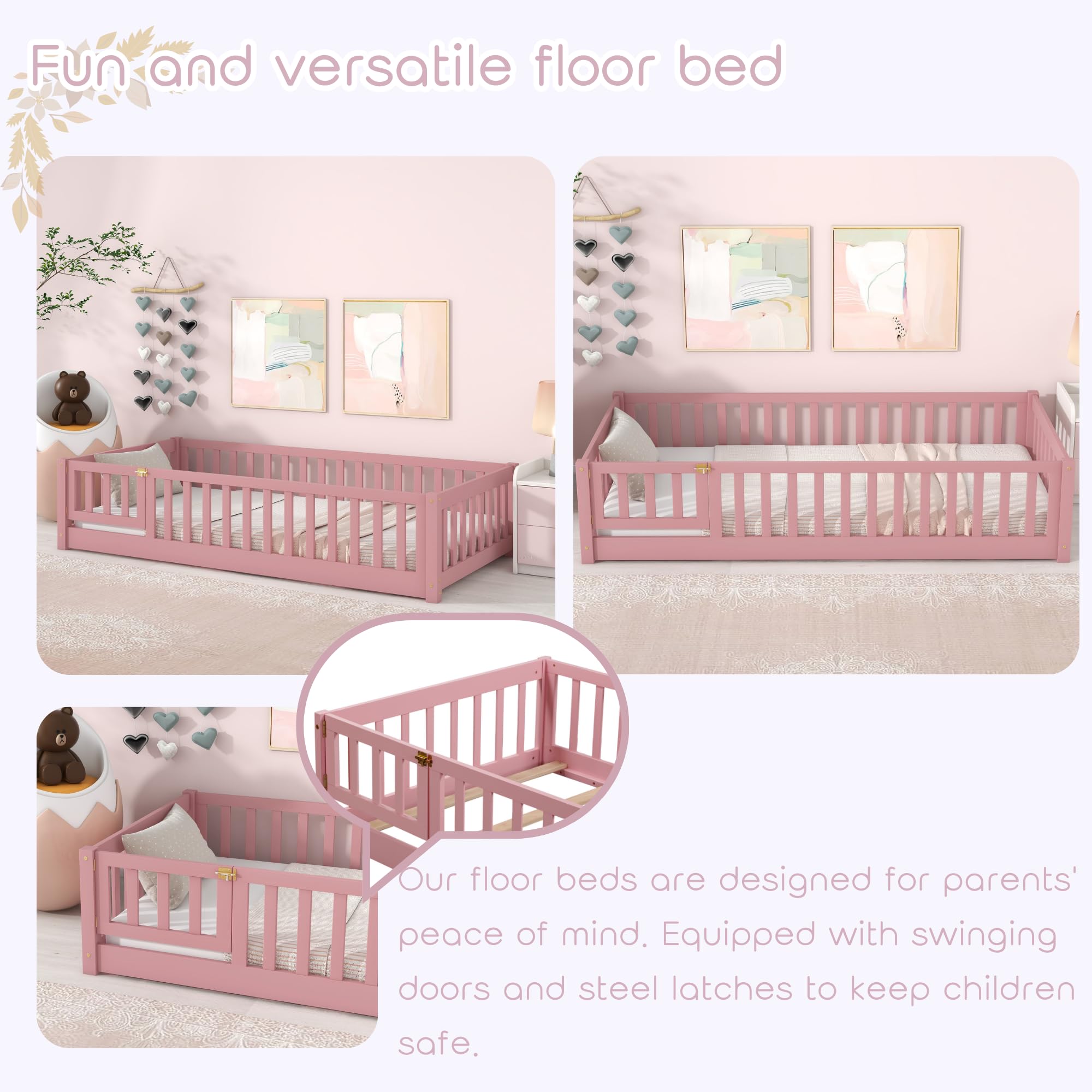 Montessori Twin Size Floor Bed Frame for Kids - Wooden Low Profile Bed with Safety Fence Railings & Support Slats | No Box Spring Needed | Ideal for Toddler Rooms, Daycare Centers & Montessori Classrooms (Pink)