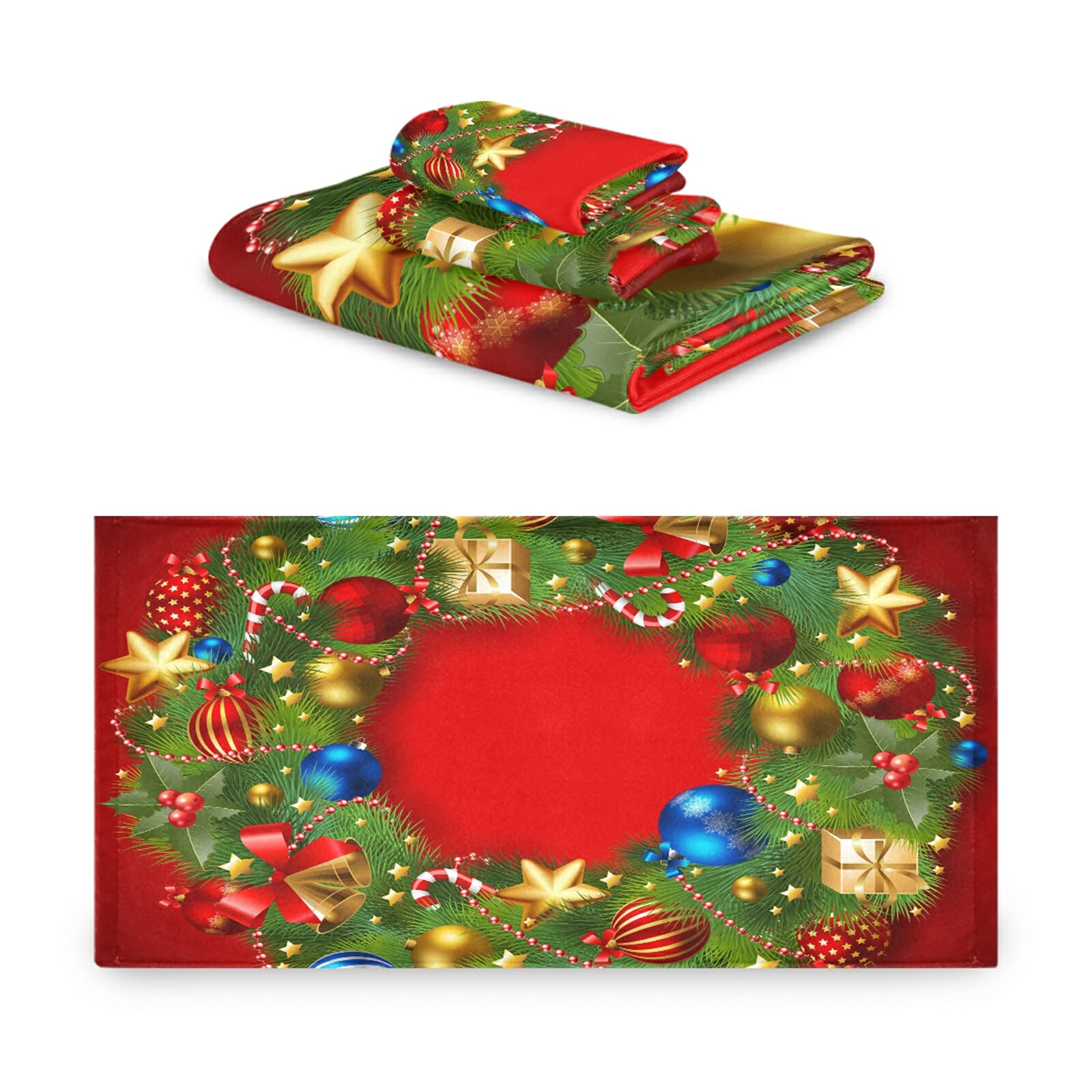 ALAZA Christmas Wreath Red Bath Towel Set - Luxury 3-Piece Decorative Set (1 Bath Towel, 1 Hand Towel, 1 Washcloth) - Ultra Soft for Bathroom, Hotel, Gym, Yoga & Spa - Perfect for Holiday Decor & Gift Giving