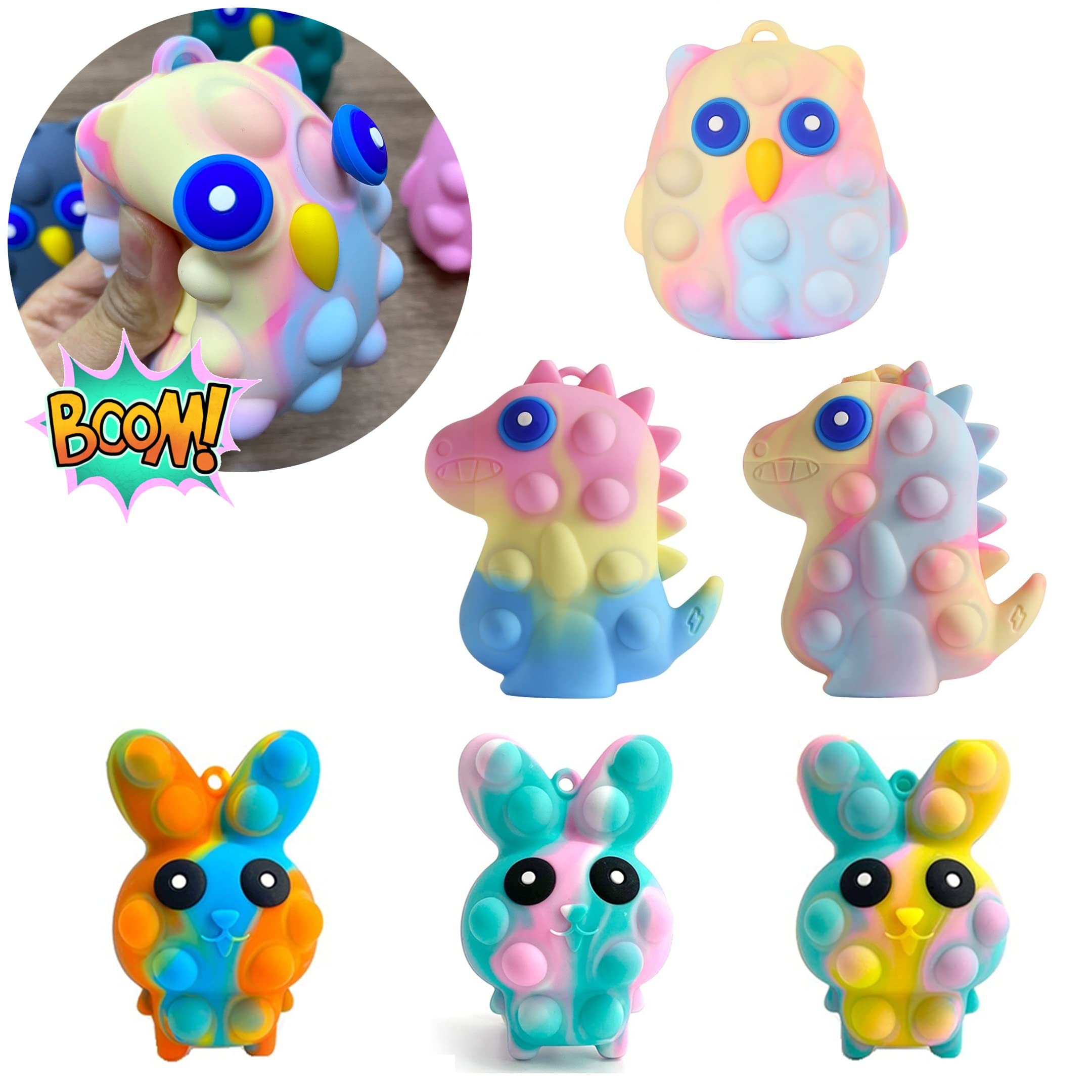 6 Pack 3D Silicone Pop Fidget Toys - Dinosaur & Owl Squishy Stress Balls for Anxiety Relief - Sensory Toys for Autistic Kids & Adults - Perfect for Easter Basket Stuffers, Stocking Stuffers, Party Favors & Classroom Rewards