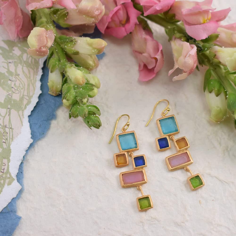 Cast Artisan Glass & Gold-Plated Multicolor Mosaic Earrings - Elegant Statement Jewelry for Parties & Weddings