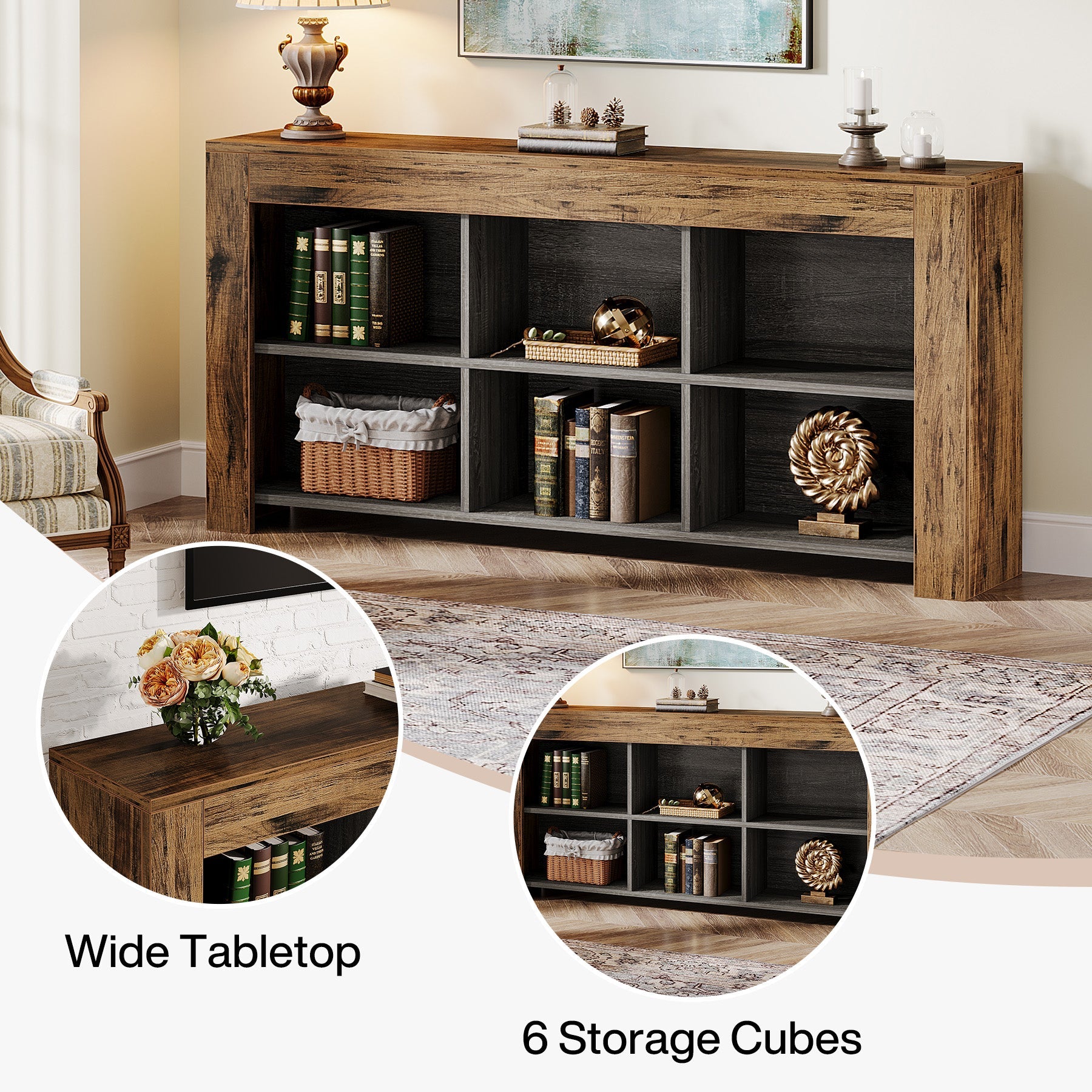 Rustic Wood Sofa Table with 6 Storage Cubes - Entryway Console Table for Living Room, Hallway & Home Decor