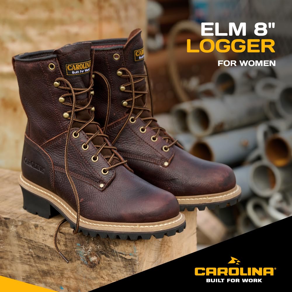 Women's Carolina Elm 8-Inch Logger Work Boots - Rugged Leather Upper, Cushioned Footbed, Oil & Slip-Resistant Outsole - EH Rated Safety Boots for Construction, Hiking & Outdoor Work