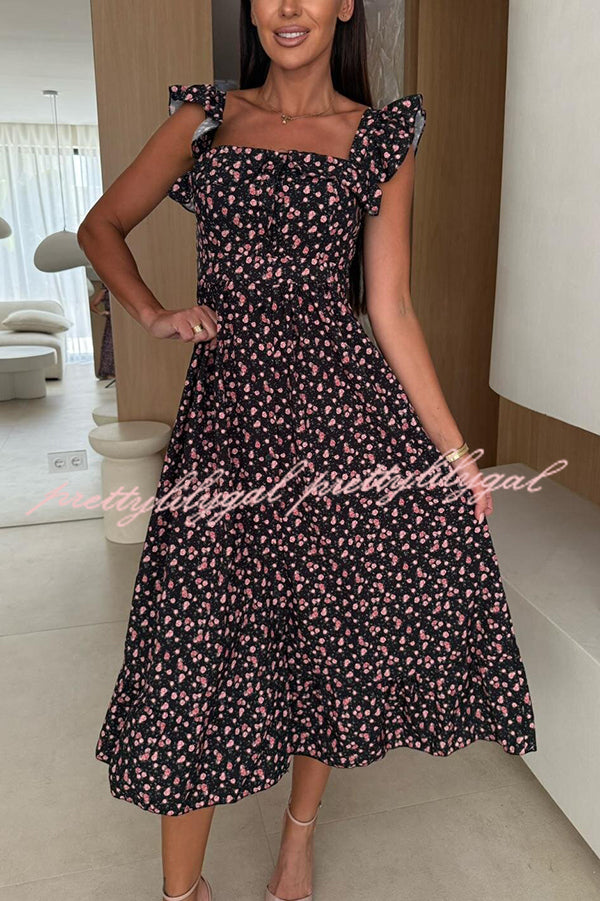 Floral Print Square Neck Pleated Back Midi Dress - Elegant Summer Dress for Women, Beach Wedding Guest Dress, Garden Party Outfit, Vacation Dress