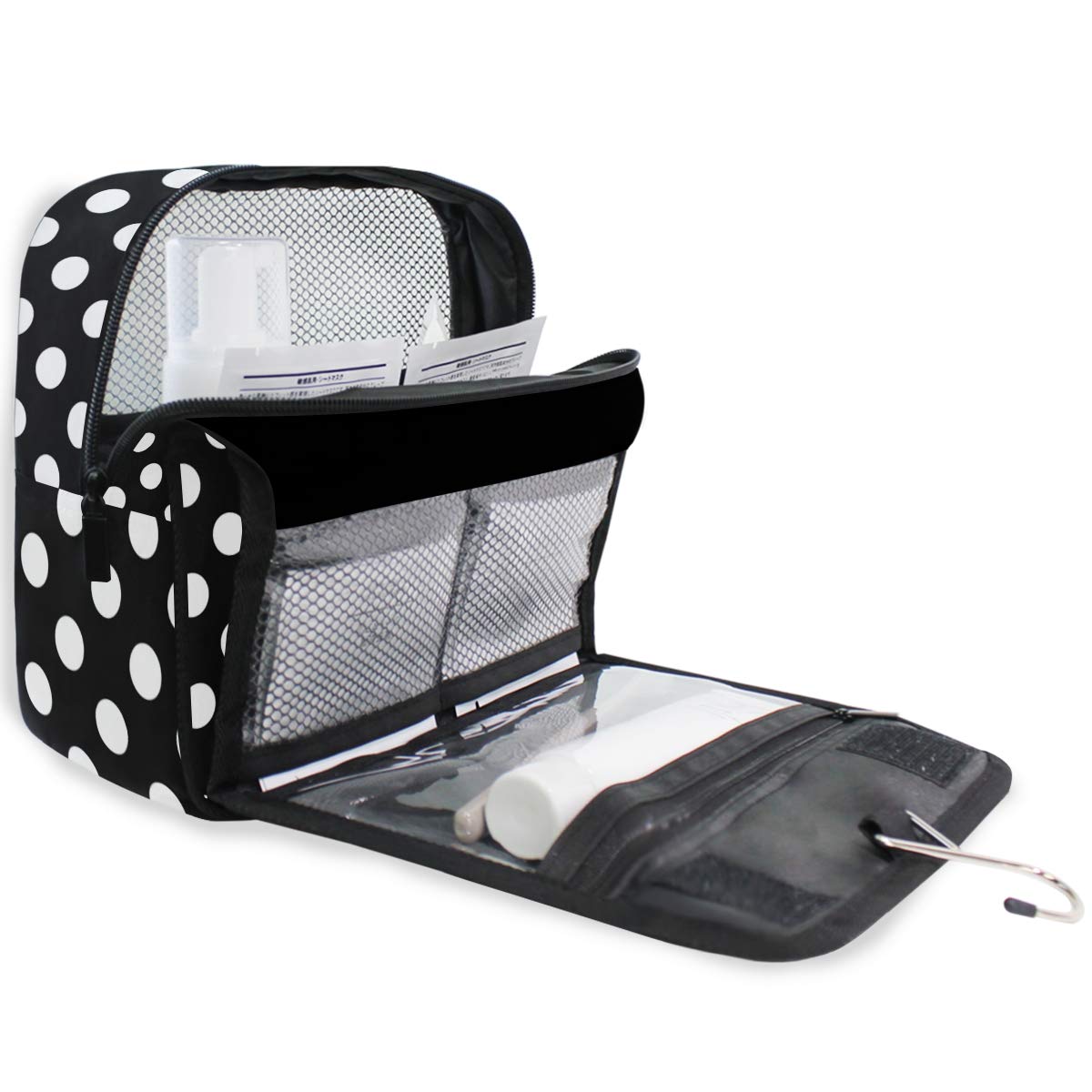 AGONA Hanging Toiletry Bag for Women & Men - Black White Polka Dot Travel Cosmetic Organizer with Sturdy Hook | Portable Makeup Pouch for Bathroom, Gym, Camping & Vacation Essentials Storage