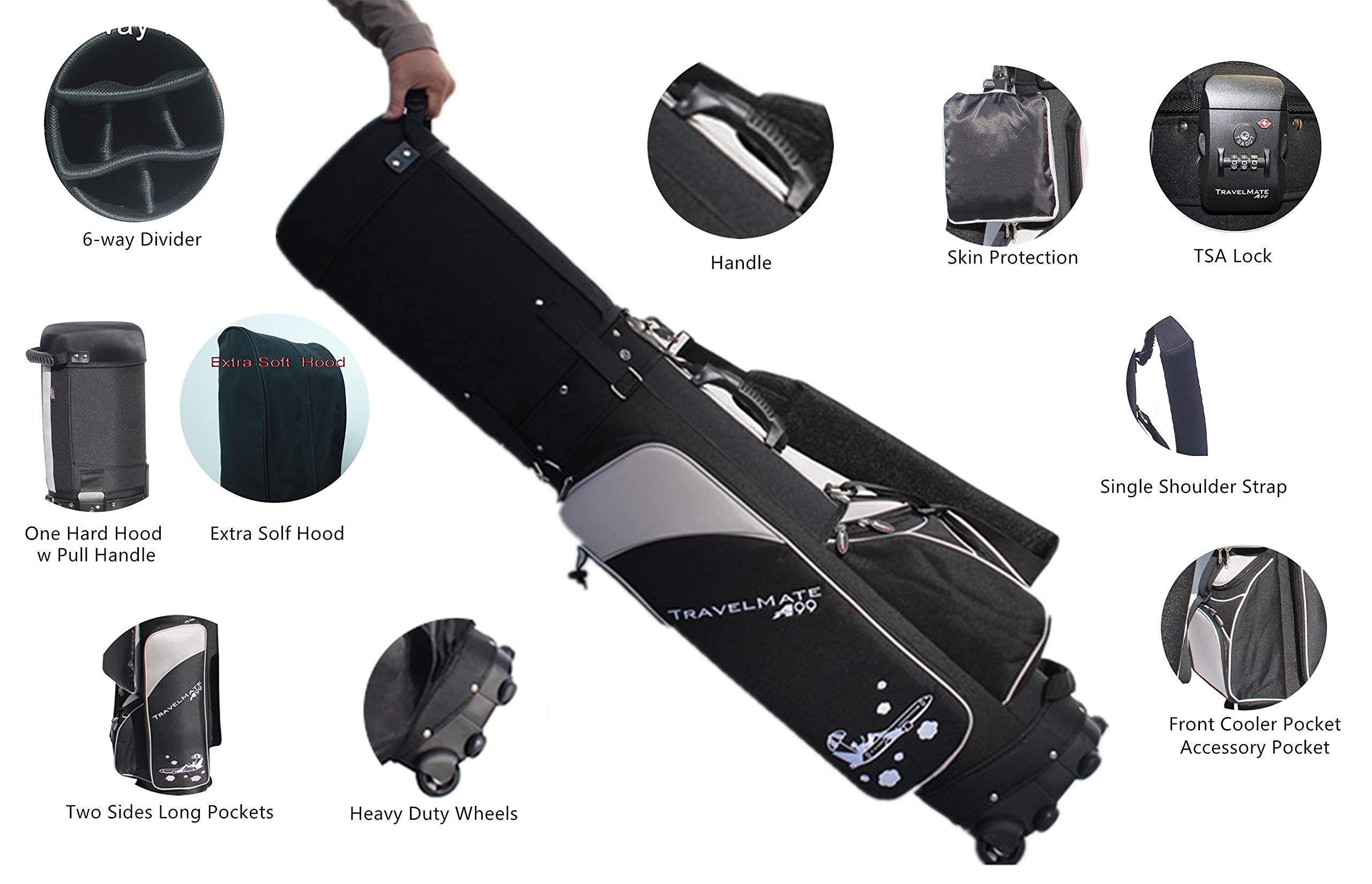 TSA Approved A99Golf Travel Mate Wheeled Golf Bag with Lockable Cover - Black/Grey | Durable Airline Golf Travel Case for Golf Clubs & Gear | Perfect for Air Travel & Golf Vacations