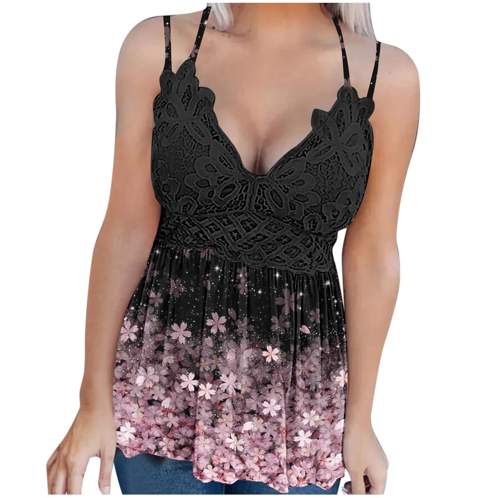 Fashion Women's Lace Patchwork Printed Sleeveless Vest Blouse - Stylish Camisole & Suspenders Top for Casual Wear, Office & Date Night Outfits