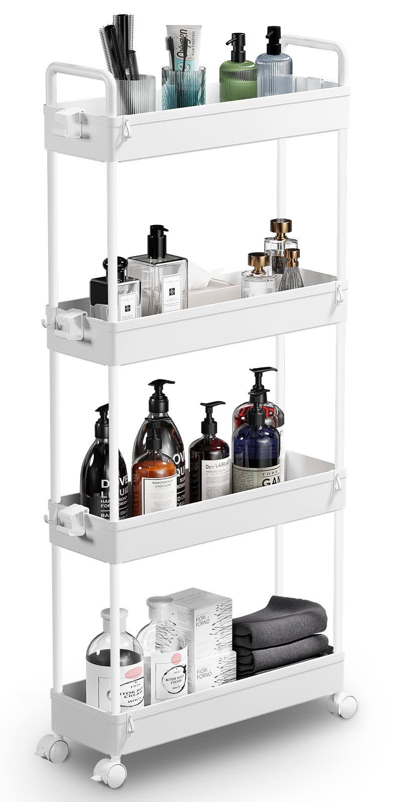 SOLEJAZZ 4-Tier Slim Rolling Storage Cart with Wheels - Narrow Bathroom, Laundry, Kitchen & Office Organizer - Perfect for Small Spaces, Bedside, Next to Fridge - White | Space-Saving Utility Cart for Home & Office Organization