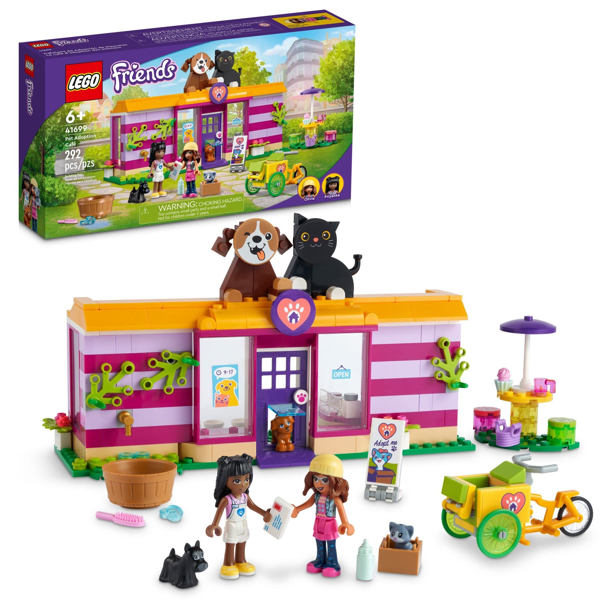 LEGO Friends Pet Adoption Café 41699 Building Toy Set with Olivia & Priyanka Mini-Dolls - Creative Animal Rescue Playset for Kids Ages 6+, Perfect for Birthday Gifts & Pretend Play Scenarios