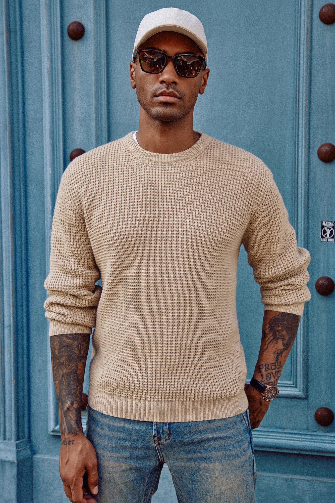 PJ PAUL JONES Men's Waffle Knit Crewneck Sweater - Long Sleeve Textured Pullover for Casual Wear, Office & Fall Outfits
