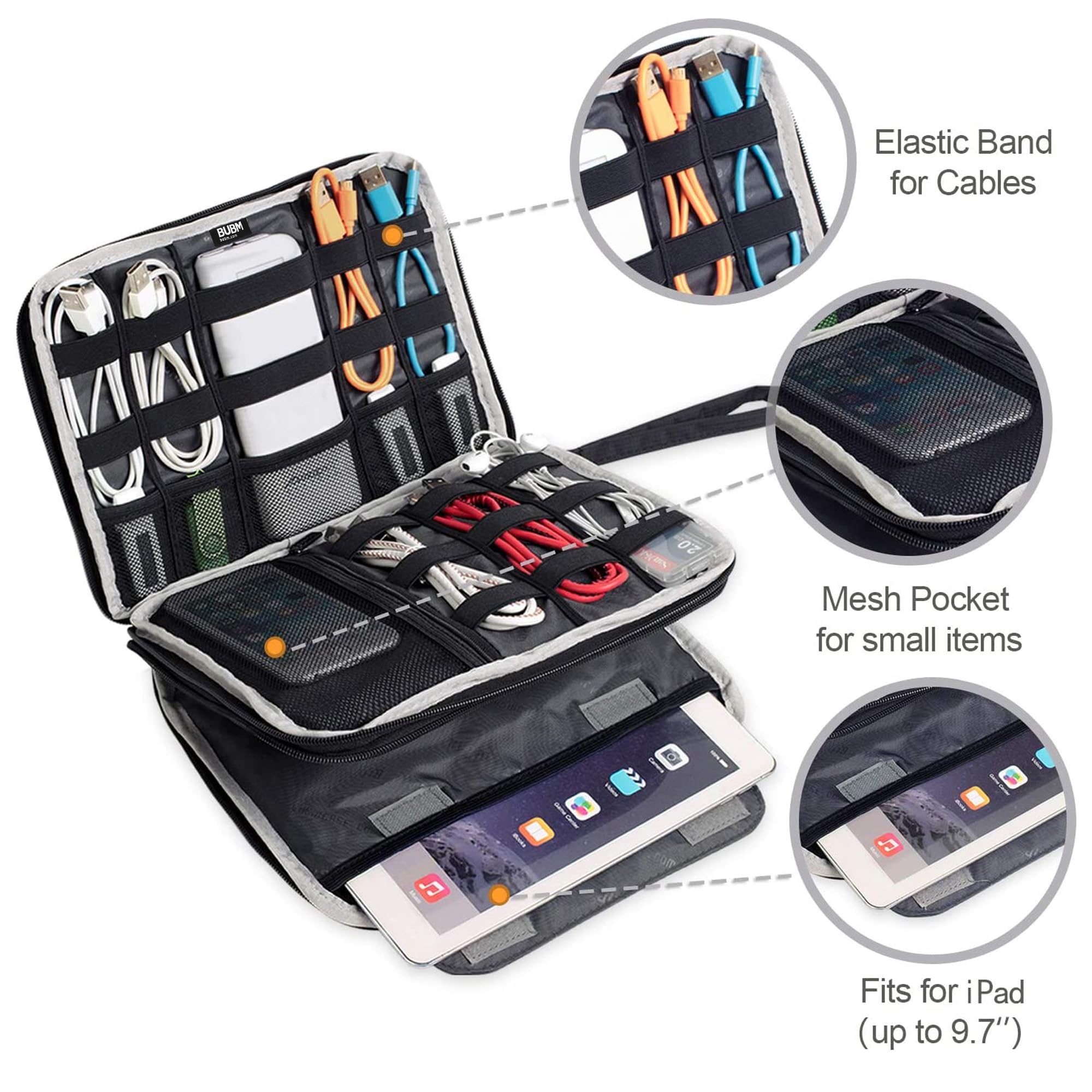 BUBM Double Layer Electronics Organizer Bag - Travel Gadget Storage for Cables, Memory Cards, Flash Drives & Accessories - Fits iPad/Tablet up to 9.7