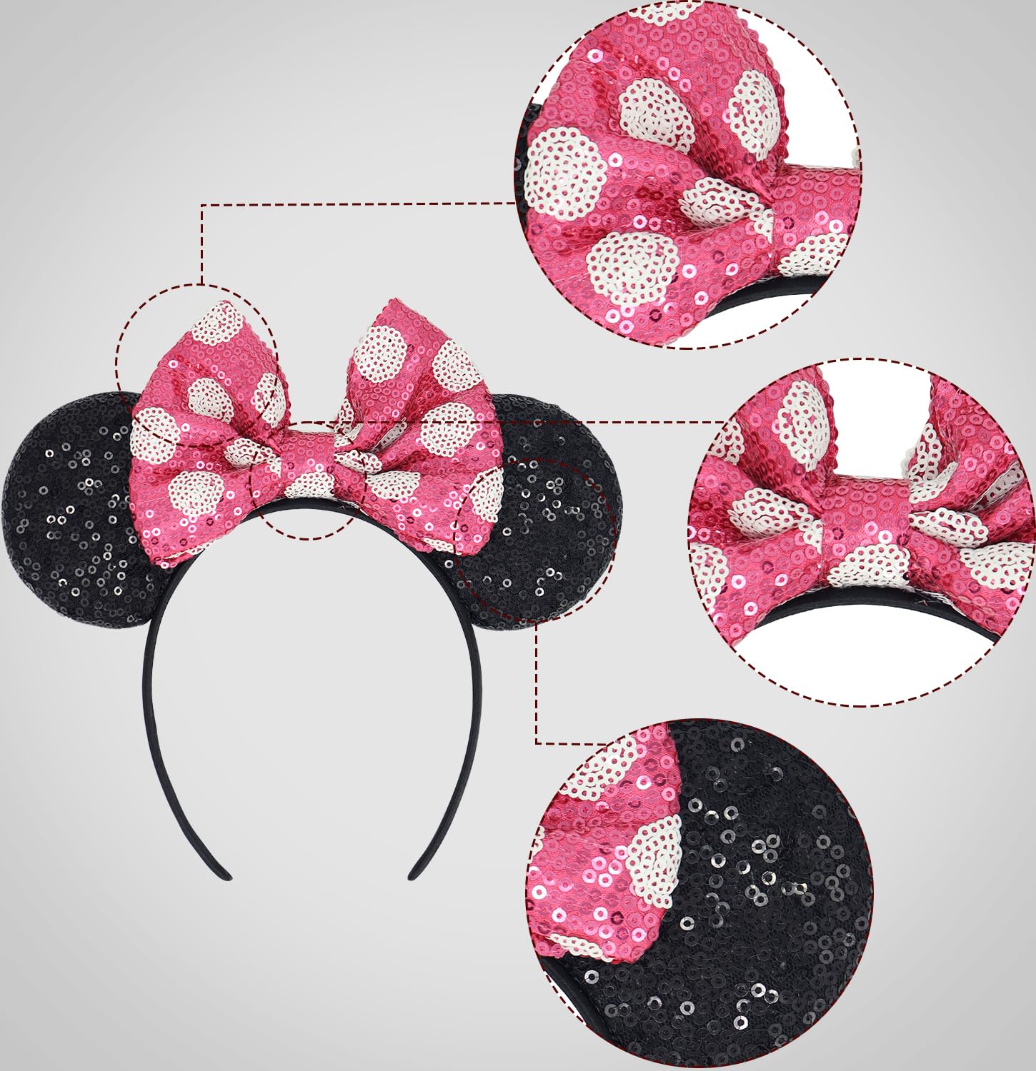 Minnie Mouse Ears Headband with Sequin Bows - 3 Pack Hot Pink Disney Inspired Hair Accessories for Women & Girls | Perfect for Halloween Costumes, Theme Parks, Birthday Parties & Cosplay