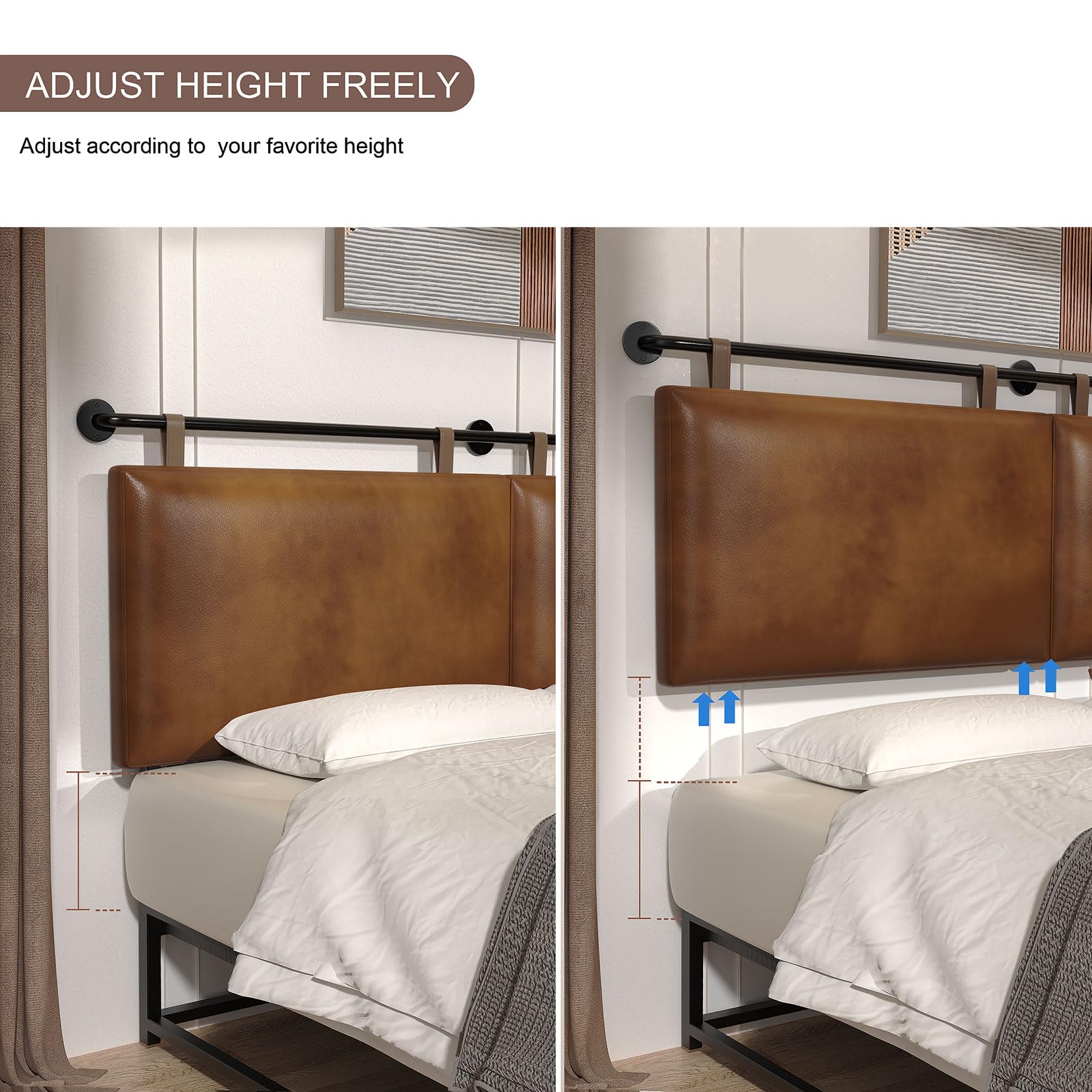 Industrial Pipe Queen Headboard - Brown Faux Leather Modern Bed Backboard | Space-Saving Hanging Design for Small Bedrooms & Studio Apartments