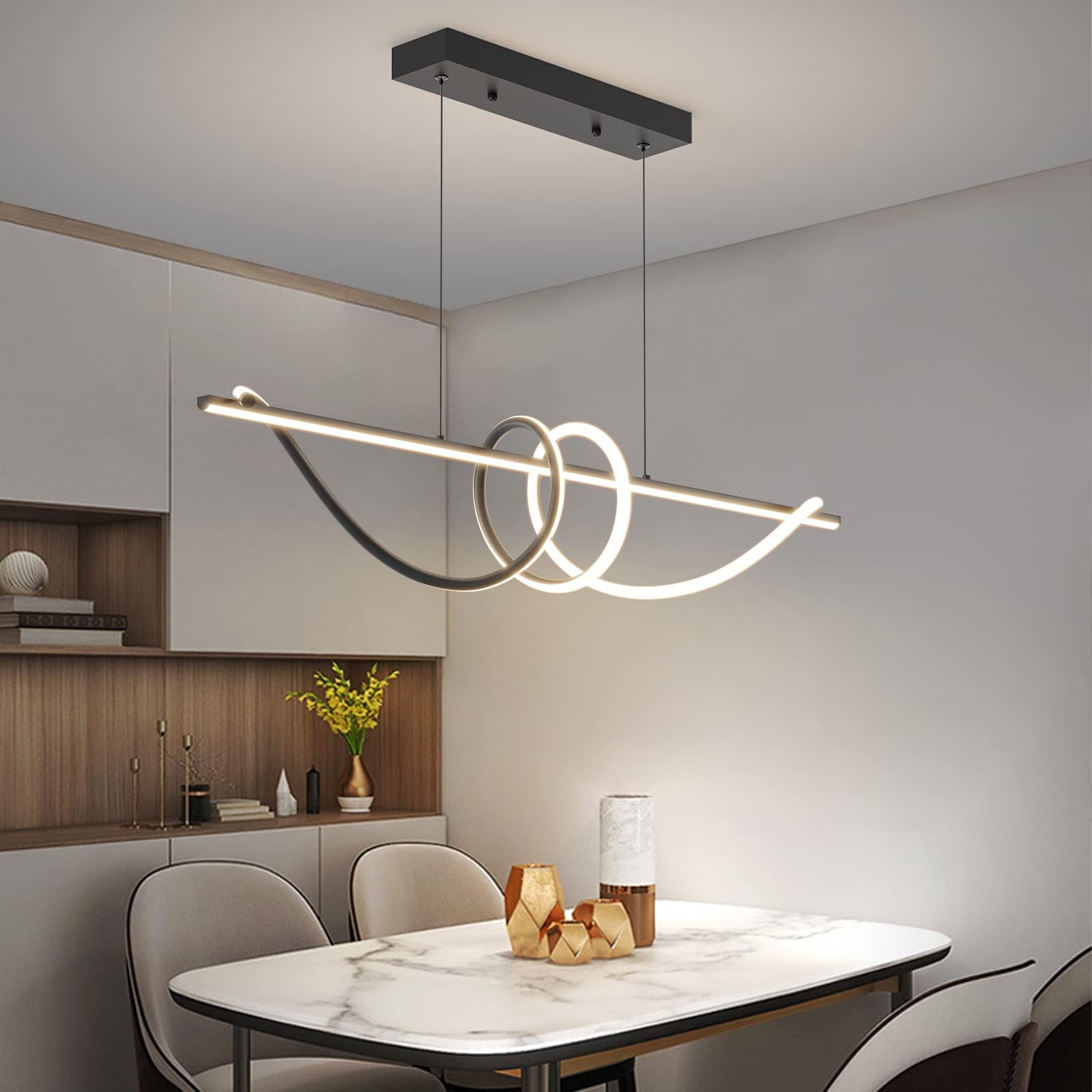 Modern Ceiling Chandelier Light with Remote Control - Dimmable 3 Color Modes (Warm/Cool/Neutral) & Adjustable Brightness, Anti-Flicker Pendant Lamp for Kitchen, Dining Room, Bedroom, Living Room, Bar and Office Lighting