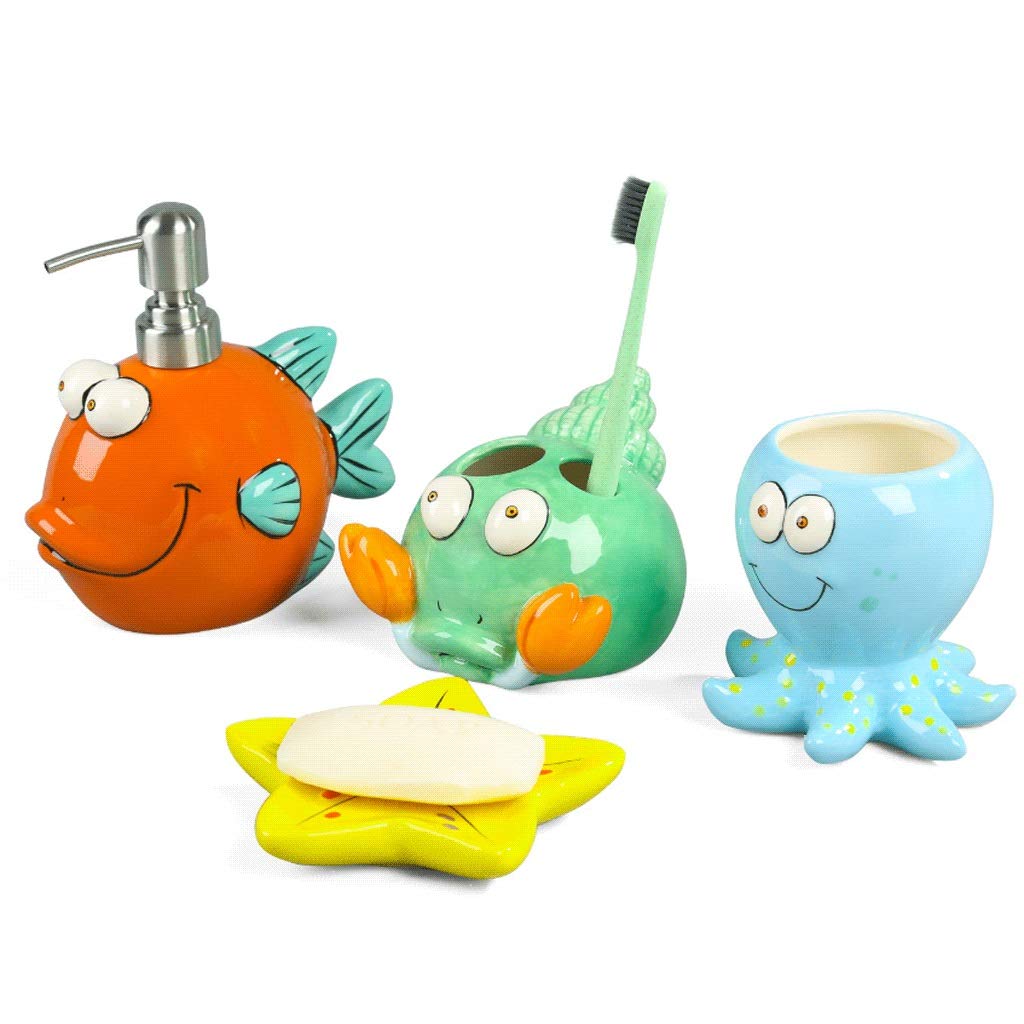 Cute Animal Soap Dispenser Set - 4pcs Ceramic Bathroom Accessories for Kids & Beach Style Showers