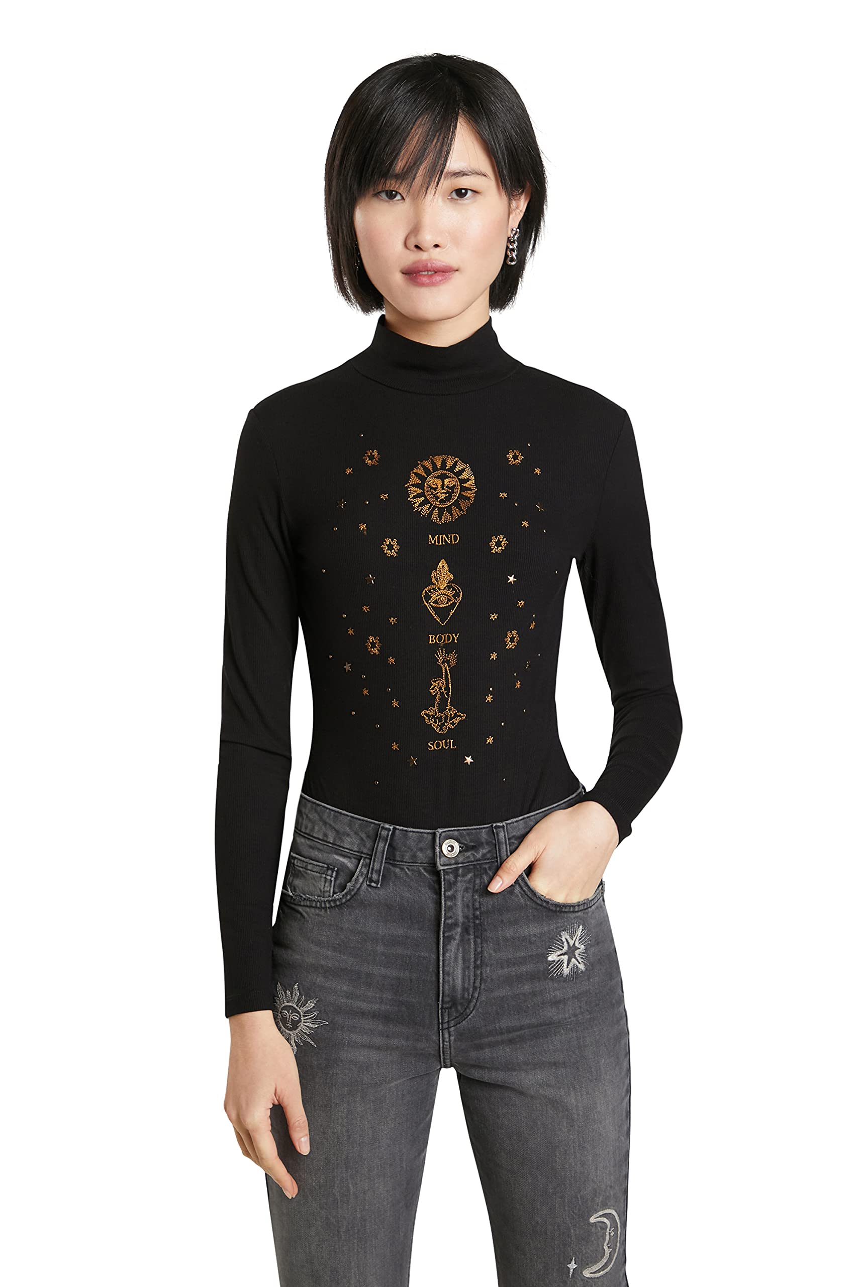Desigual Astrology Design Black Poloneck Bodysuit Top for Women - Stylish & Comfortable Outfit for Casual Wear, Parties & Night Out