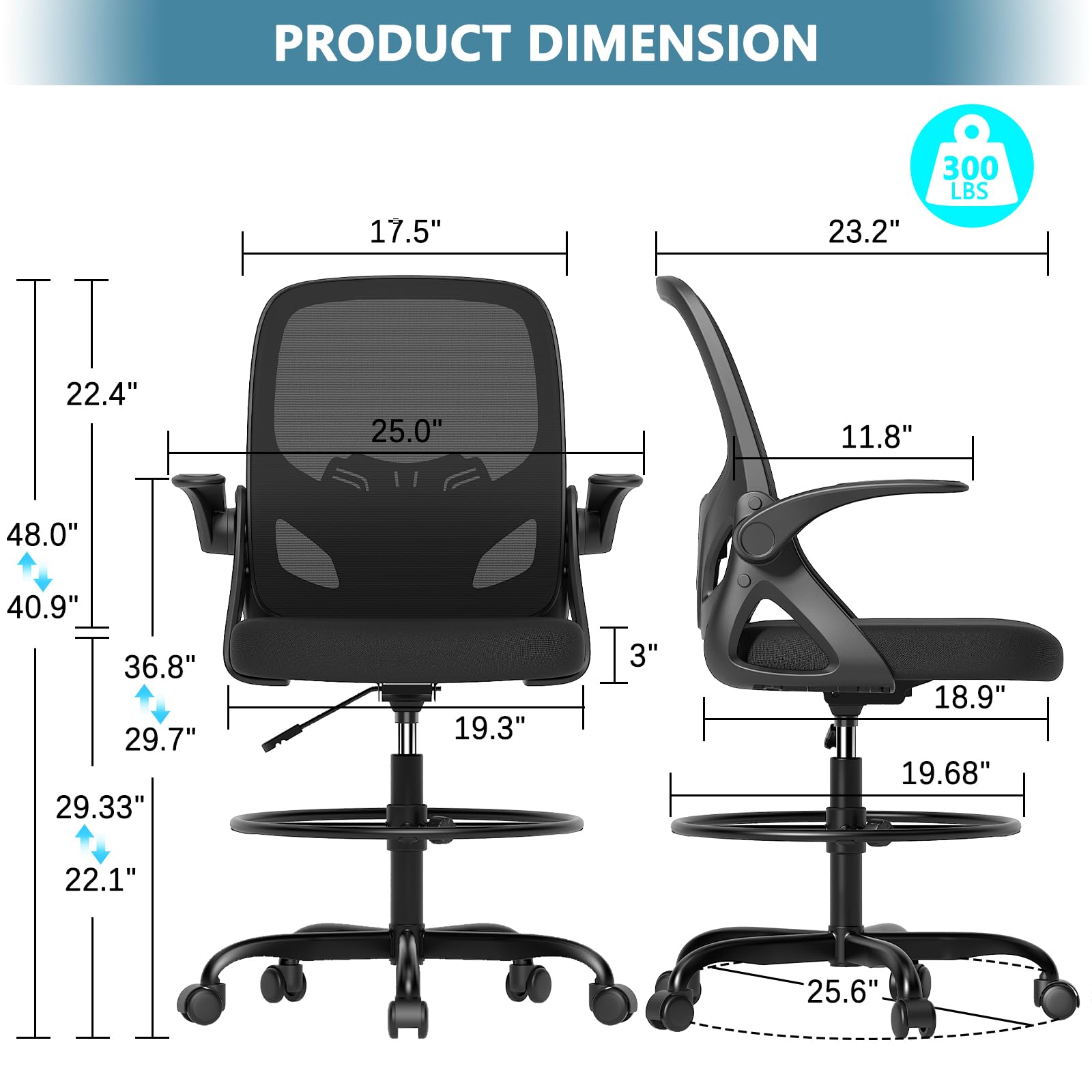 Ergonomic Tall Drafting Chair with Footrest Ring - Adjustable Height Office Chair with Flip-Up Arms & Lumbar Support for Home & Work (Black) - Perfect for Architects, Artists & Long Work Sessions at Standing Desks