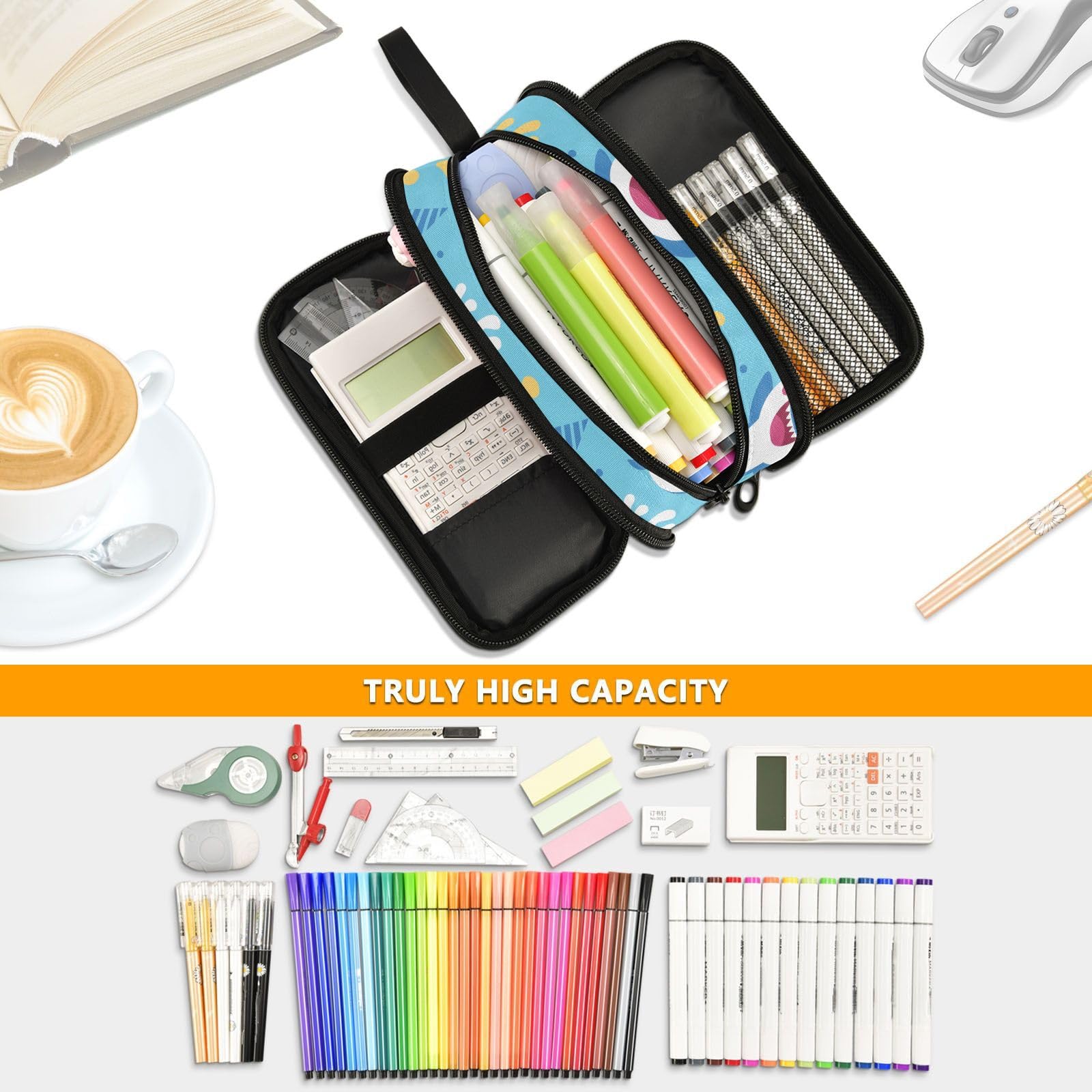 Cute Shark Pencil Case for School - Large Capacity Zippered Pouch with Multiple Compartments for Pens, Pencils & Stationery - Perfect for Boys, Girls, Teens & Adults - Great for Classroom, Office & Travel Organization
