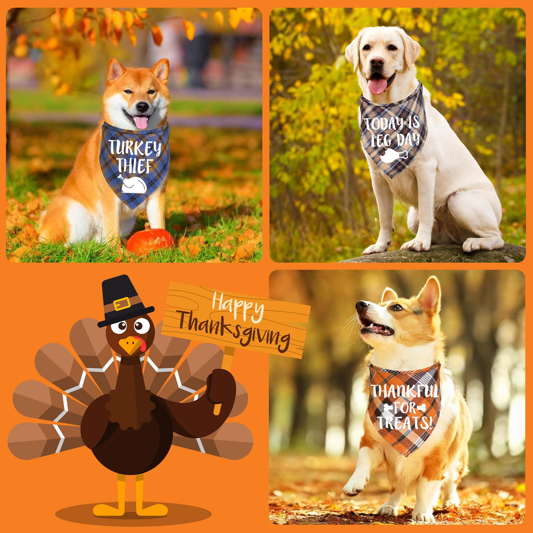 3 Pack Thanksgiving Dog Bandanas for Small Medium Large Dogs - Fall Holiday Pet Bandanas with Adjustable Collar - Perfect for Thanksgiving, Halloween, Christmas & Family Gatherings