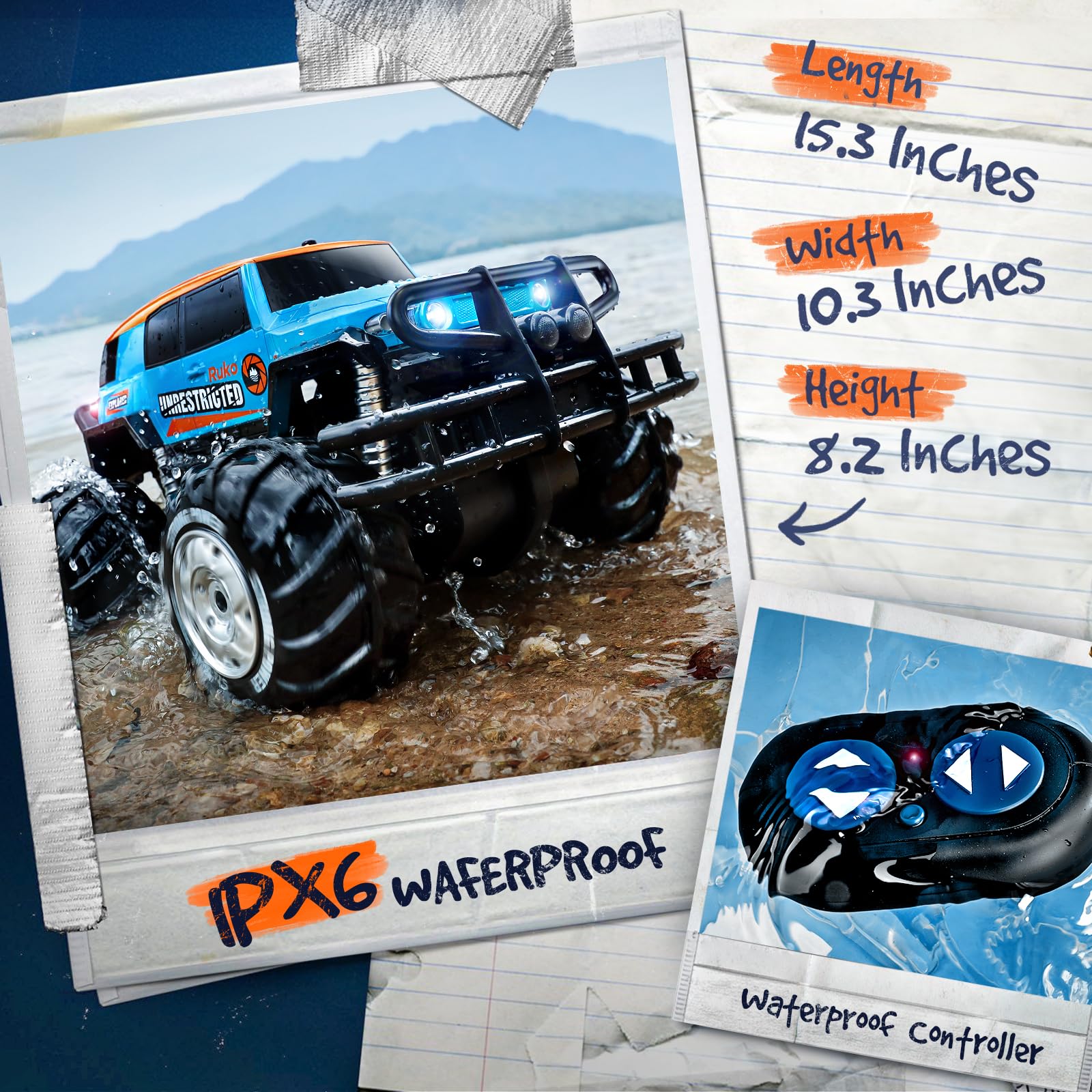 Ruko 1601AMP 1:10 Scale Amphibious RC Monster Truck - Waterproof 4x4 Off-Road Remote Control Car with 2 Rechargeable Batteries - All Terrain Vehicle for Boys & Kids - Perfect for Beach, Pool, Snow & Outdoor Adventures
