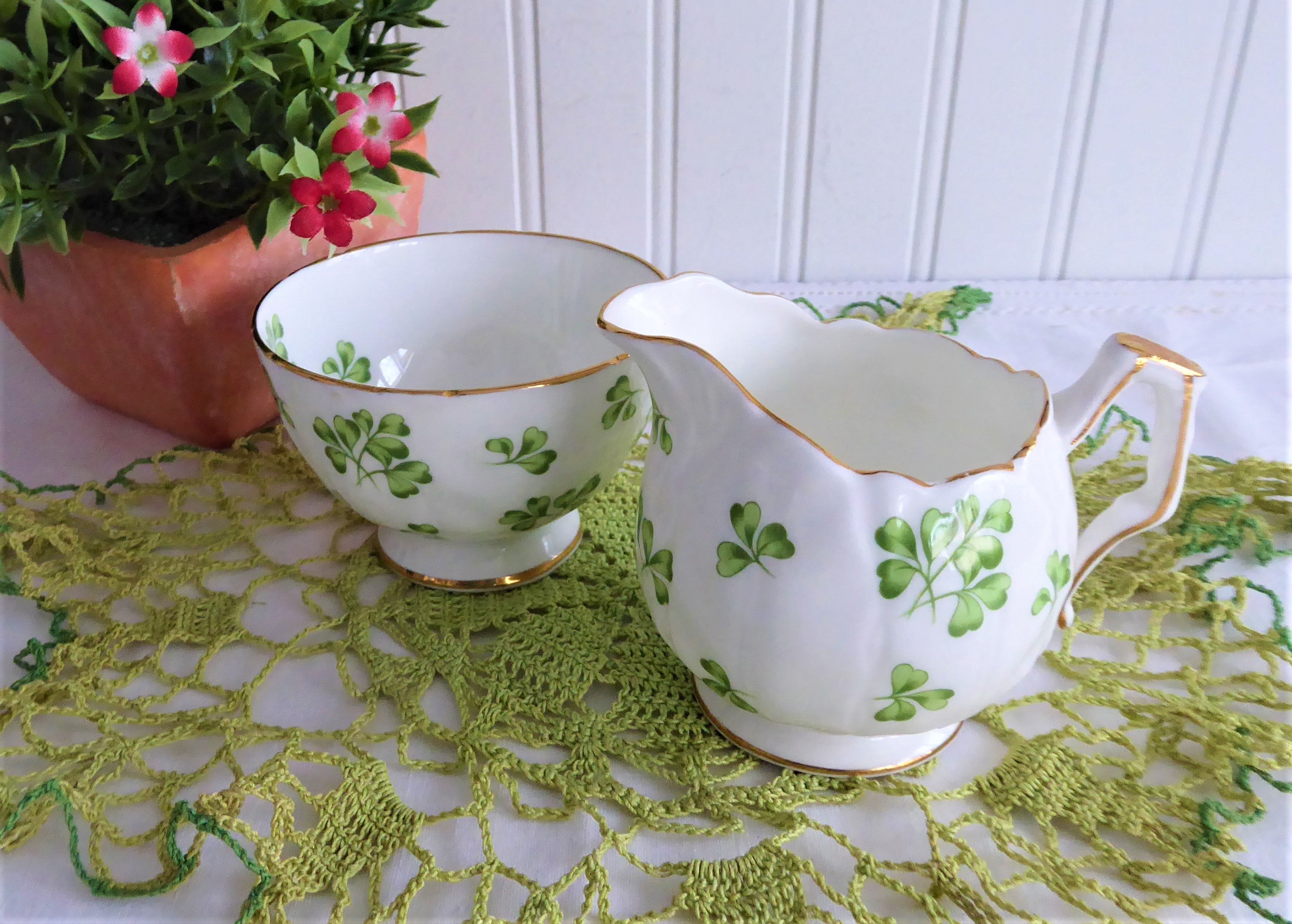 Vintage Aynsley Shamrock Cream and Sugar Set - Green Irish Shamrocks Design, English Bone China Pedestal (1950s) - Perfect for Tea Parties, Collectibles, and Irish-Themed Decor