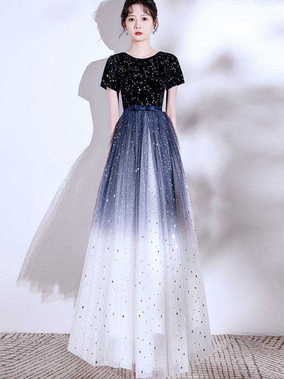 Elegant Colorblock Shimmery Tulle Evening Gown for Women | Formal Party Dress | Perfect for Prom, Wedding Guest & Cocktail Events