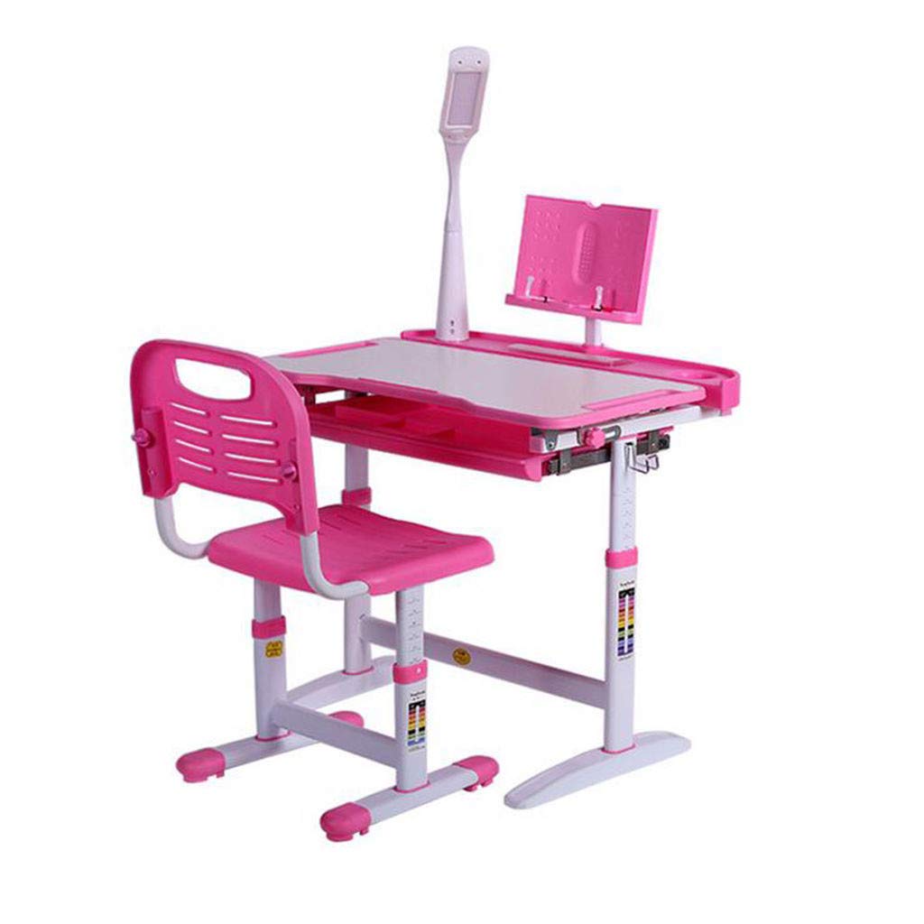 Peacur Adjustable Height Kids Study Desk and Chair Set with LED Lamp, Tilt Desktop, Storage Drawer & Bookstand - Ergonomic Children's Writing Table for Boys Girls (Pink) - Perfect for Homeschooling, Online Learning & Bedroom Study Space