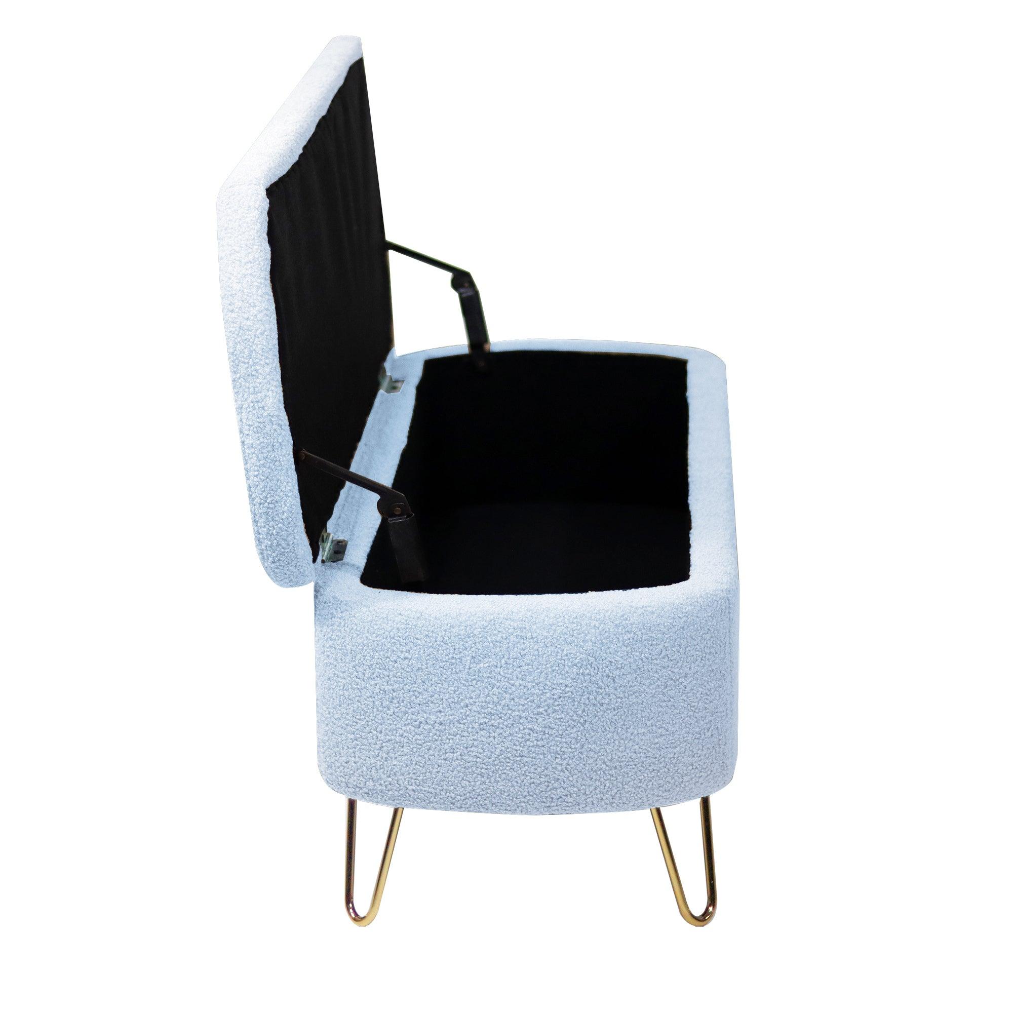 Modern Blue Storage Ottoman Bench with Gold Legs & Grey Faux Fur Upholstery - Padded Seat with Hidden Storage for Bedroom, Living Room & Entryway | Perfect for Extra Seating, Footrest & Home Organization