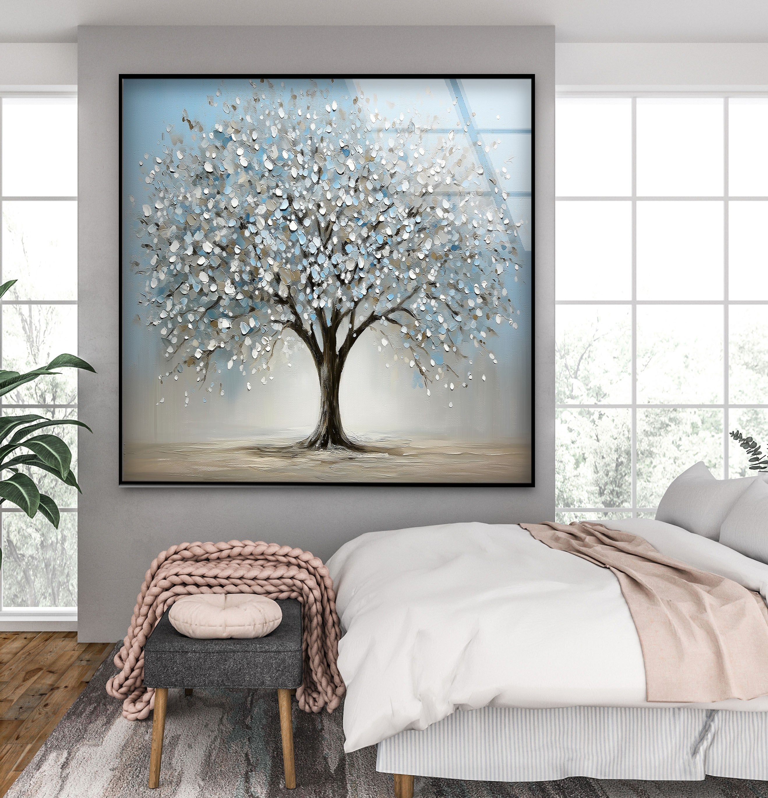 Blossoming Serenity Tree - Modern Textured Glass Wall Art Decor for Living Room, Bedroom & Office | Nature-Inspired Home Decor