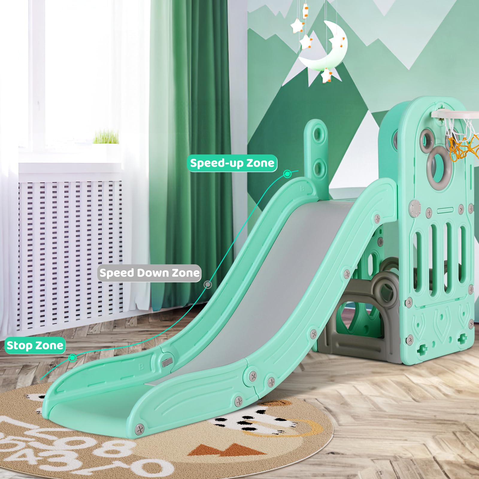 Arlopu 5-in-1 L-Shaped Kids Slide Climber Set with Basketball Hoop, Storage Space & Non-Slip Steps - Indoor/Outdoor Toddler Playset for Boys & Girls Ages 3+ (Light Green) | Perfect for Backyards, Playrooms & Birthday Gifts