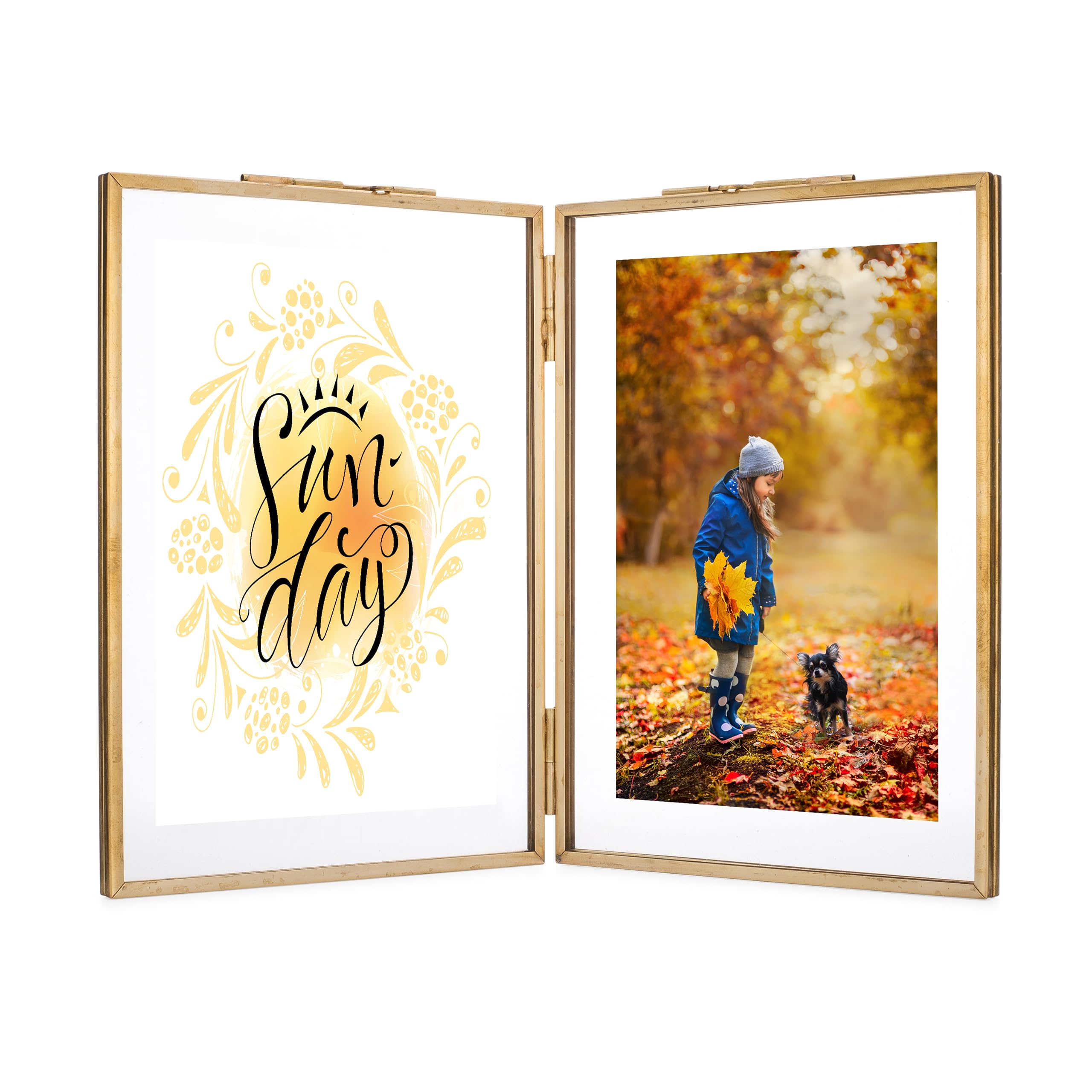 Vintage Rising Star Brass Picture Frame - Double 4x6 Folding Photo Frame with Gold Metal & Pressed Glass - Hinged Display Frame for Wedding, Anniversary & Home Decor