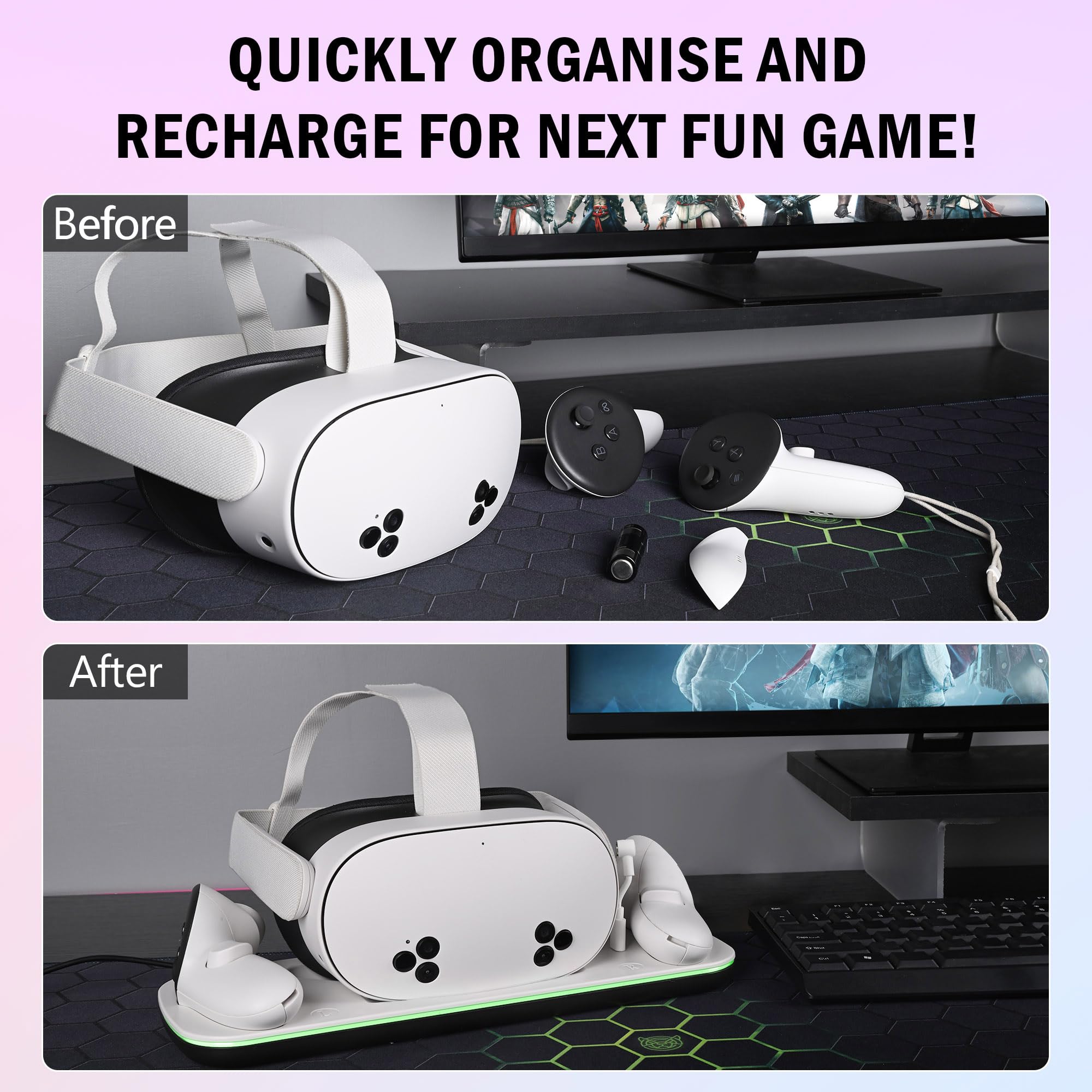 Meta Quest 3/3S Charging Dock - Magnetic Type-C VR Headset Stand with Rechargeable Battery & Controller Holder | Perfect for Gaming, VR Streaming & Home Entertainment Setup